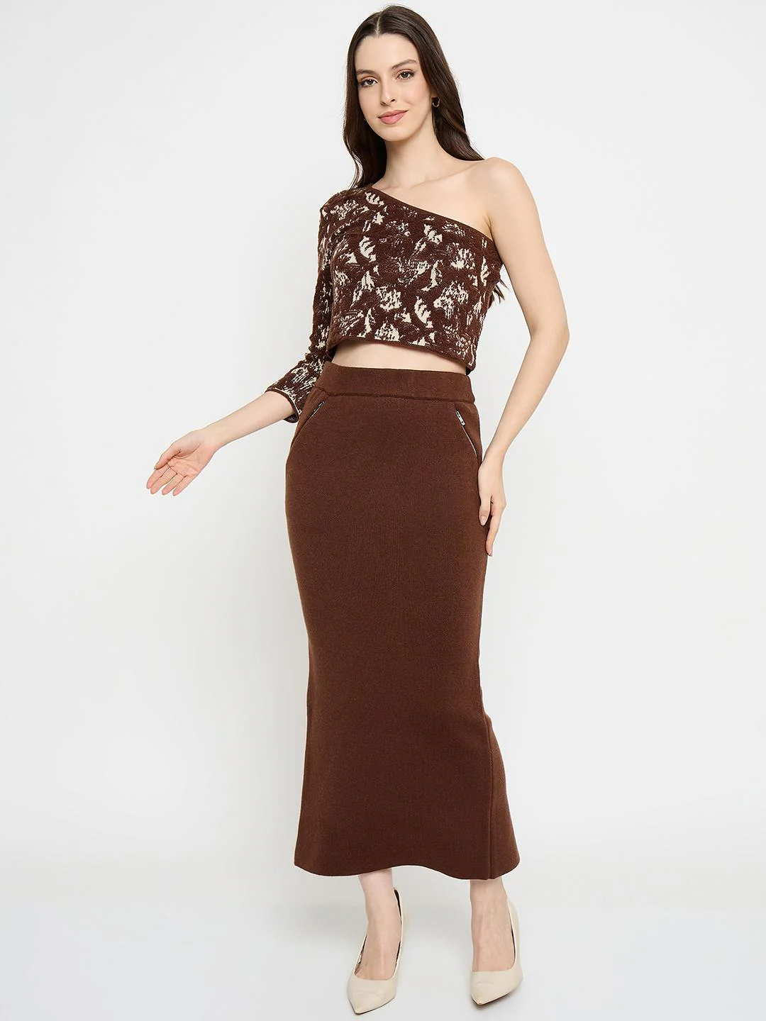 Madame Printed Top and Maxi Skirt Brown Co-ord Set - Image 2