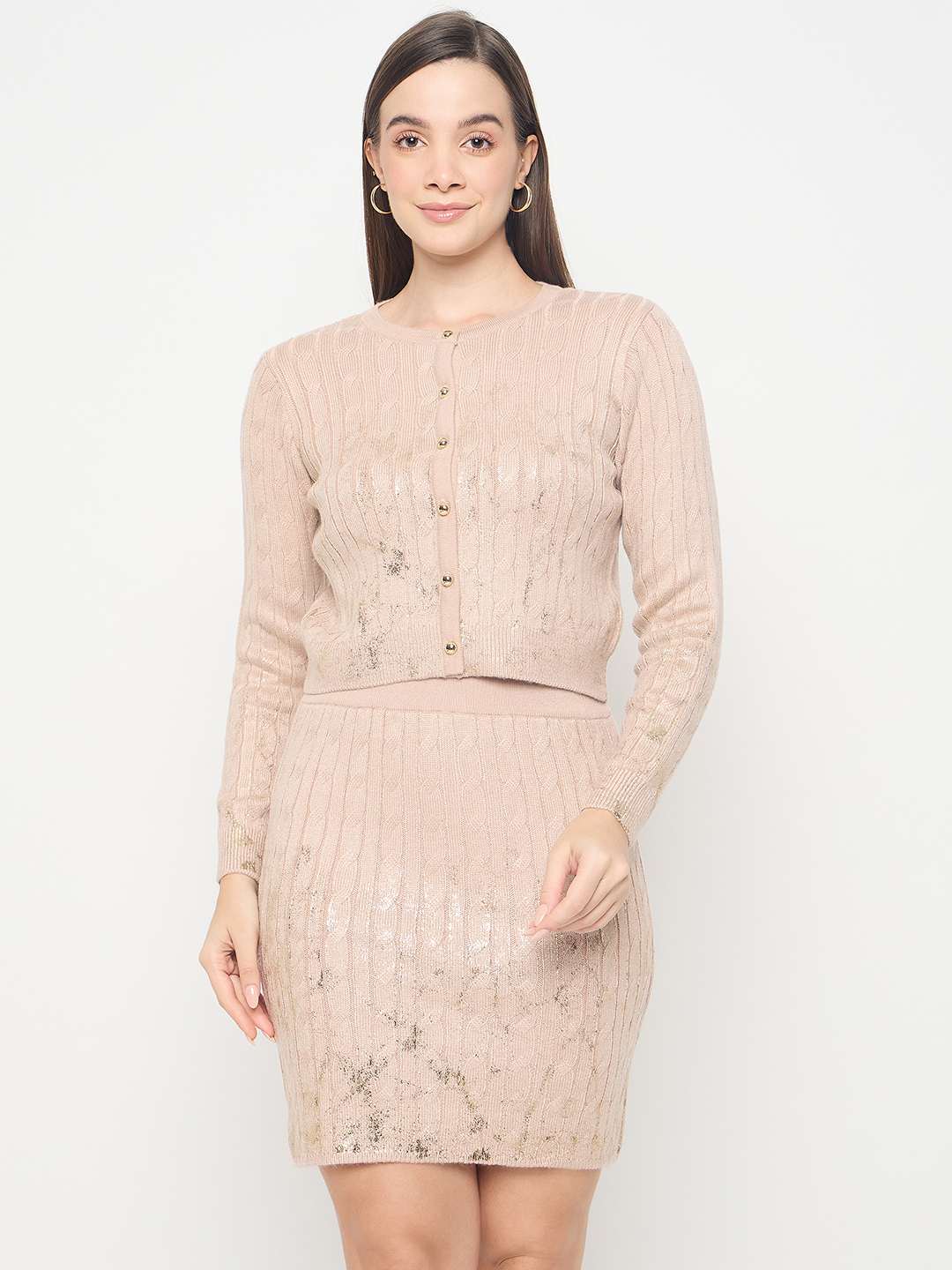 Madame Buttoned Top and Mini Skirt Peach Co-ord Set - Image 4