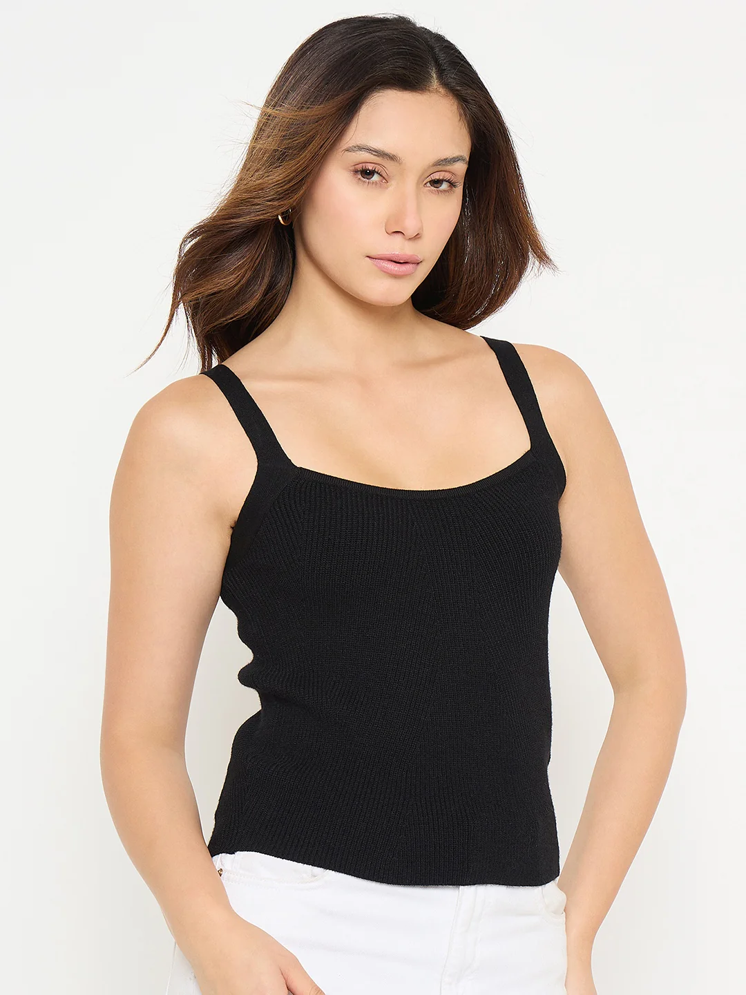 Madame Camisole Neck Black Knit Crop Top - Image 4