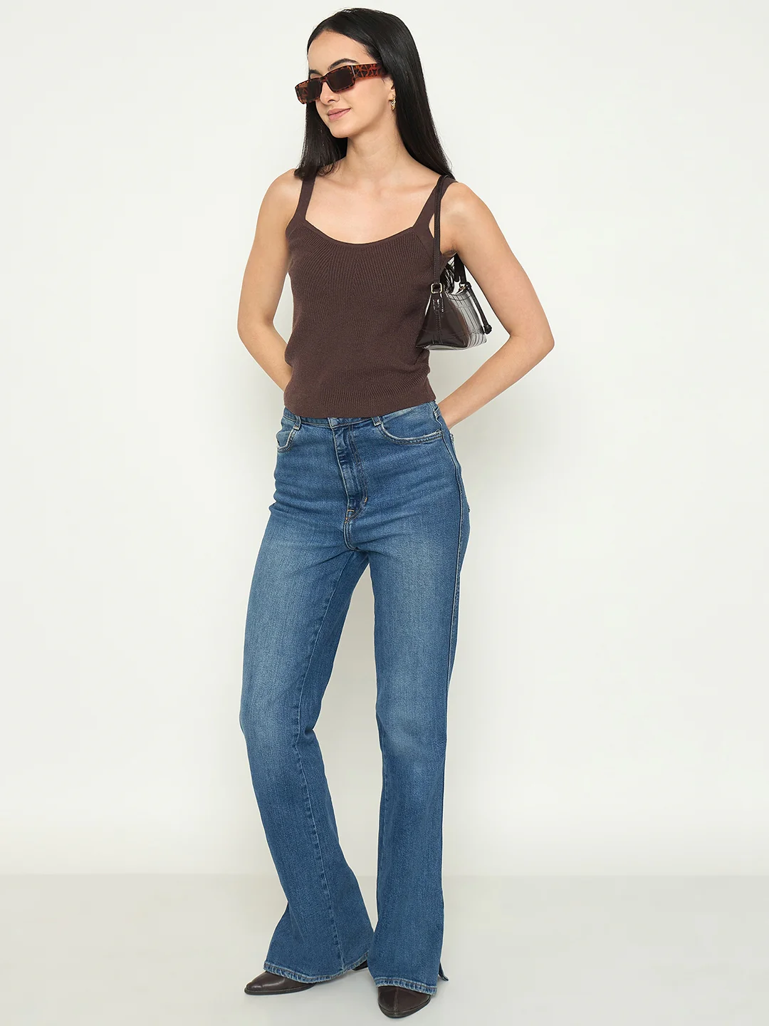 Madame Camisole Neck Coffee Brown Knit Crop Top - Image 3