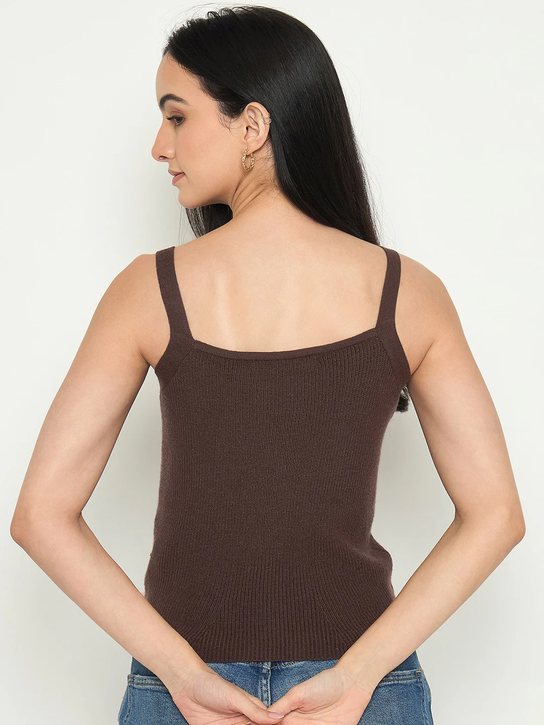Madame Camisole Neck Coffee Brown Knit Crop Top - Image 6