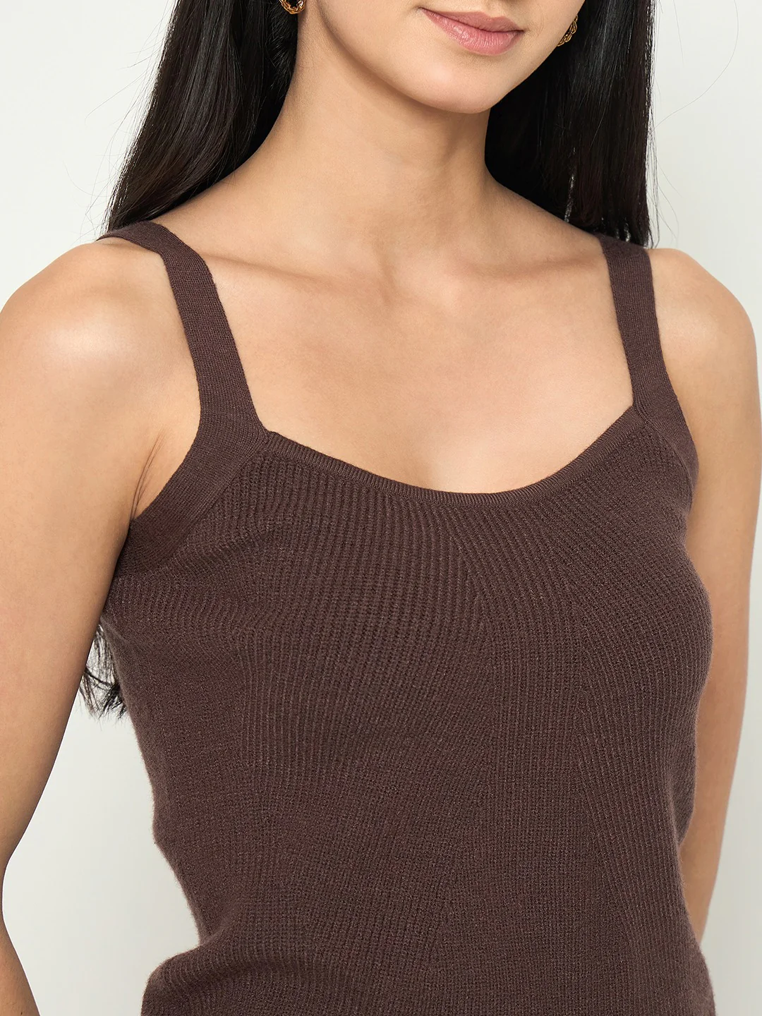 Madame Camisole Neck Coffee Brown Knit Crop Top - Image 7
