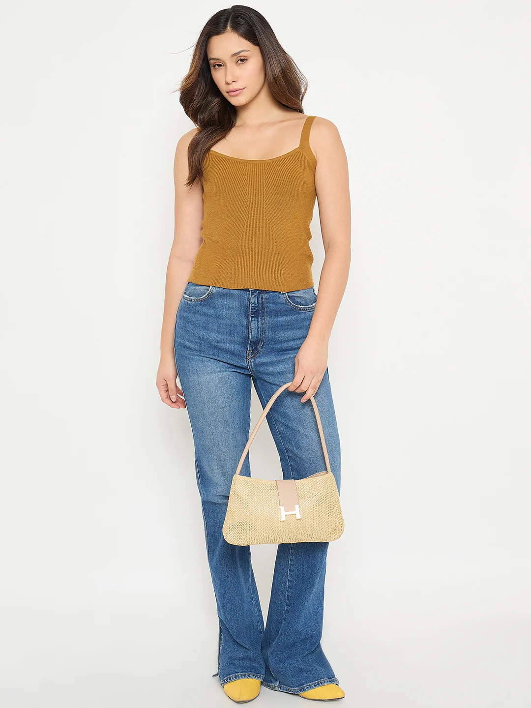 Madame Camisole Neck Mustard Knit Crop Top - Image 3
