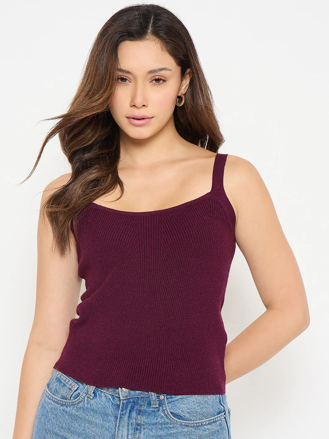 Madame Camisole Neck Wine Knit Crop Top