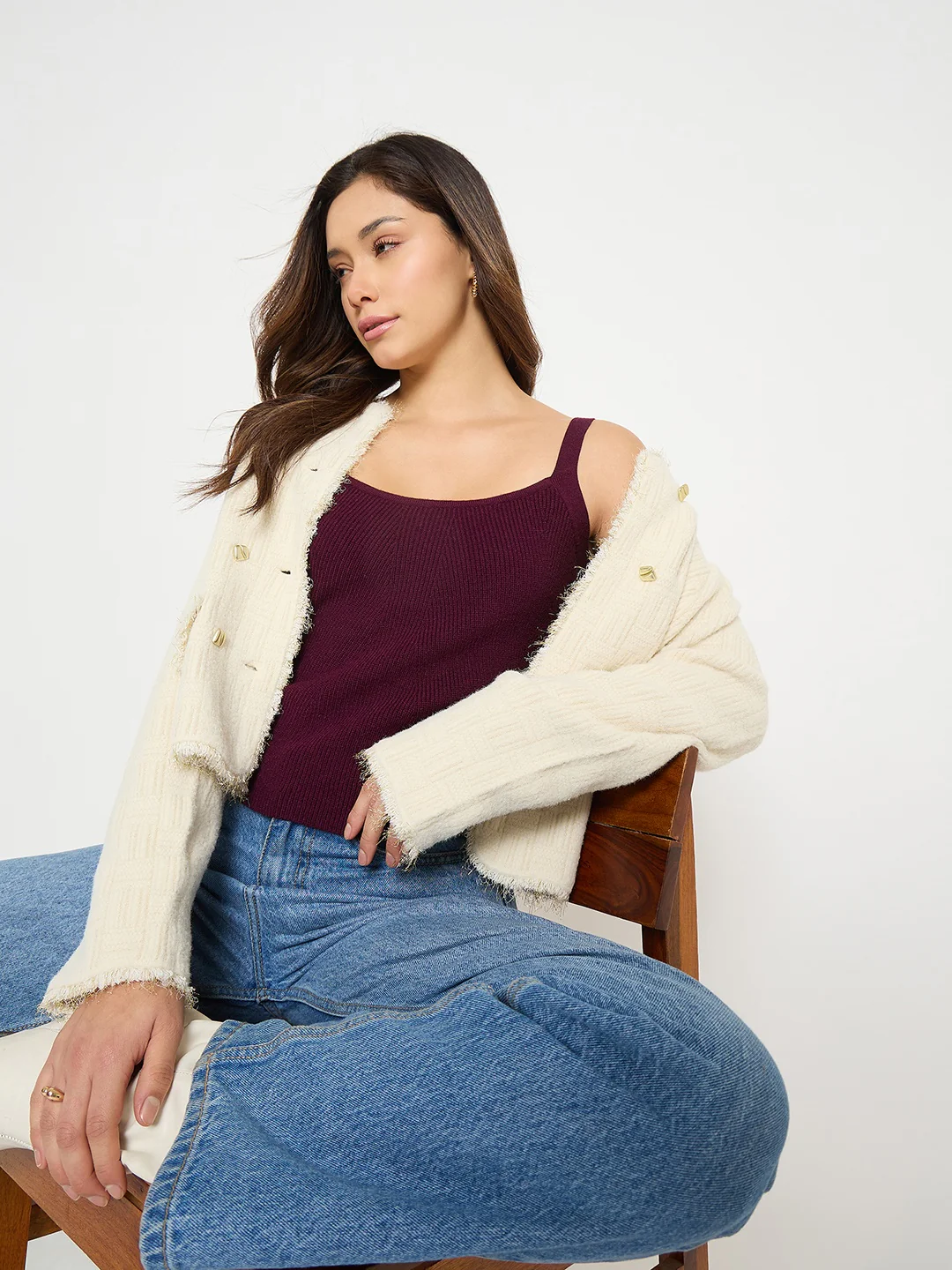 Madame Camisole Neck Wine Knit Crop Top - Image 2