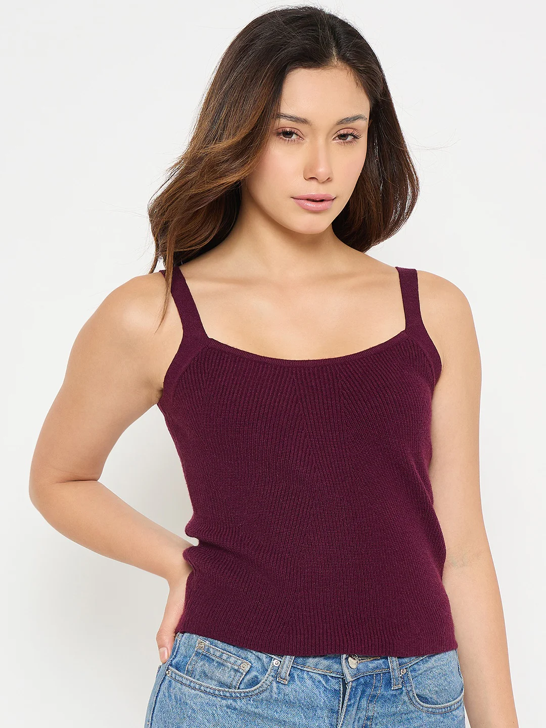Madame Camisole Neck Wine Knit Crop Top - Image 4
