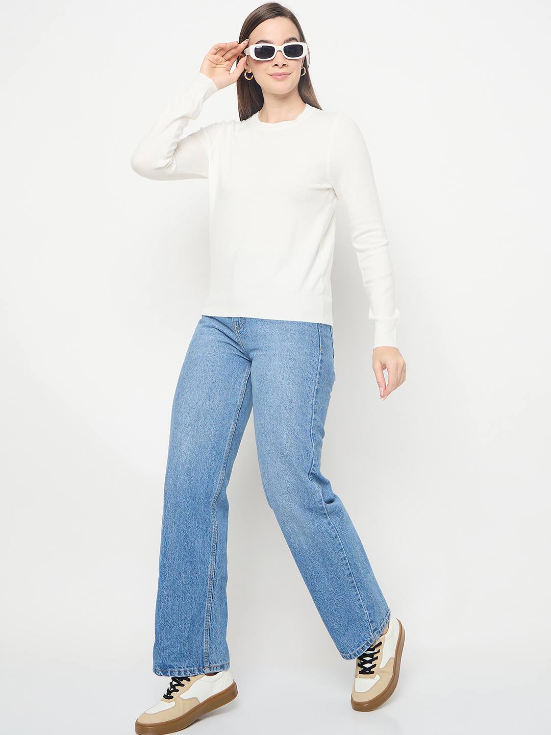 Madame Solid White Pullover Sweater - Image 2