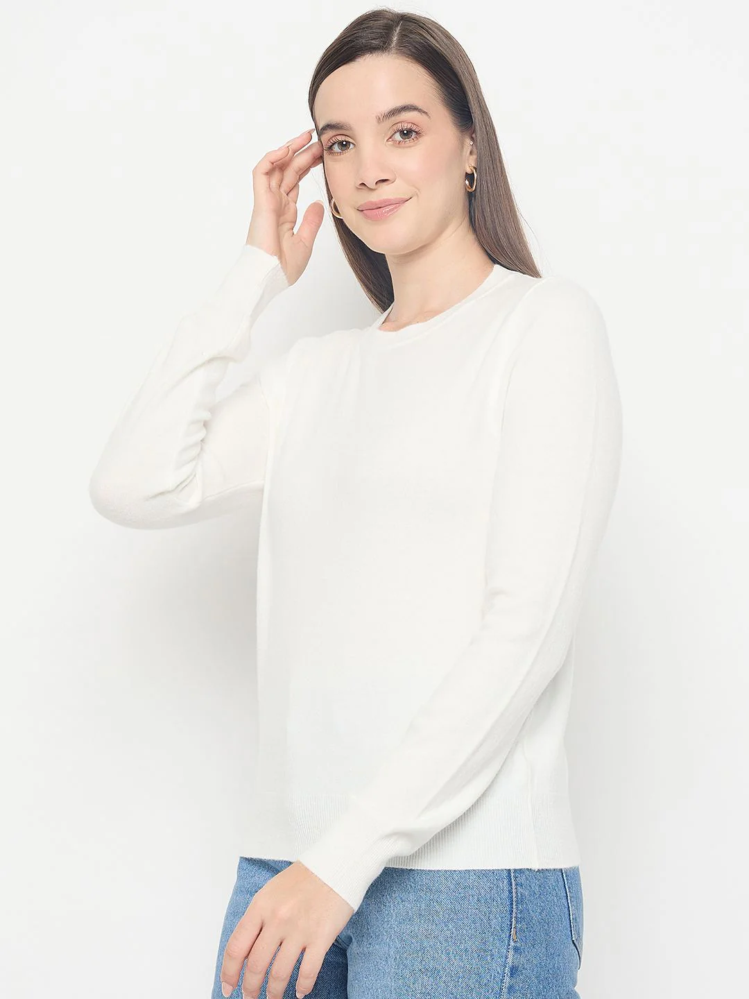 Madame Solid White Pullover Sweater - Image 5