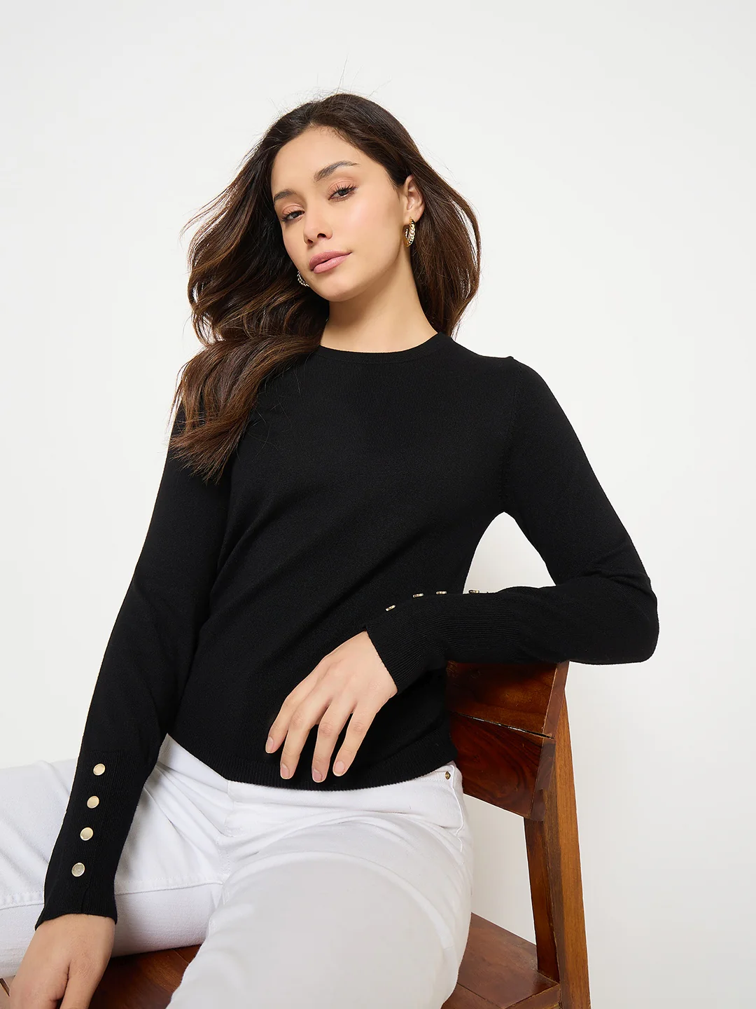 Madame Black Solid Sweater with Cuff Sleeves - Image 2