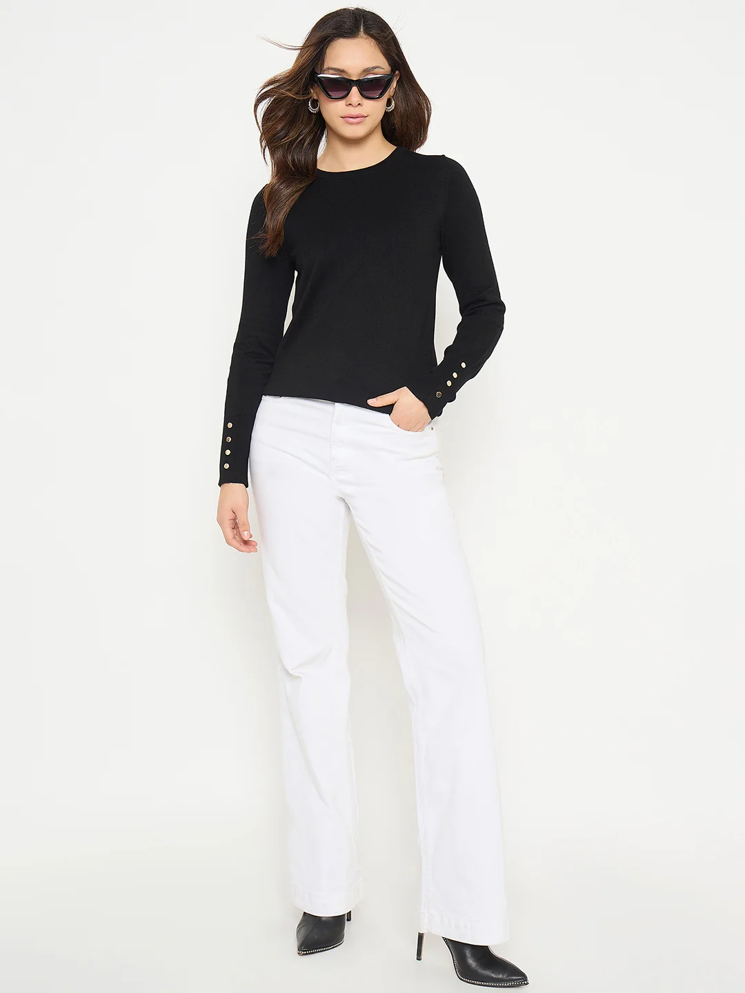 Madame Black Solid Sweater with Cuff Sleeves - Image 3