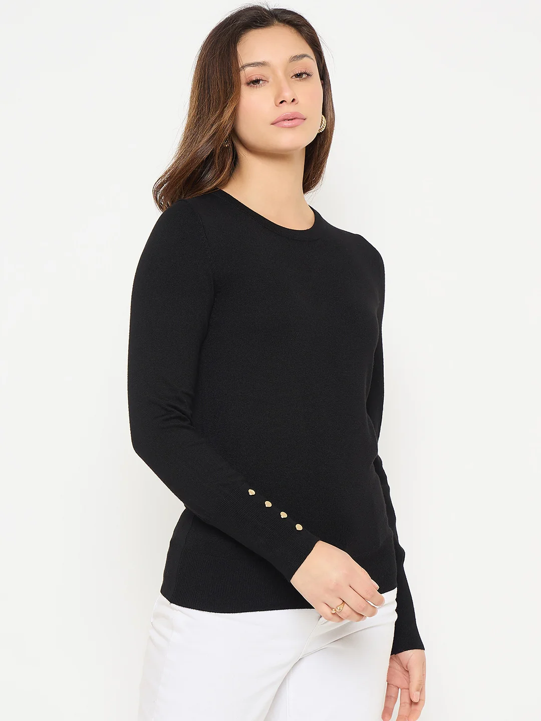 Madame Black Solid Sweater with Cuff Sleeves - Image 4