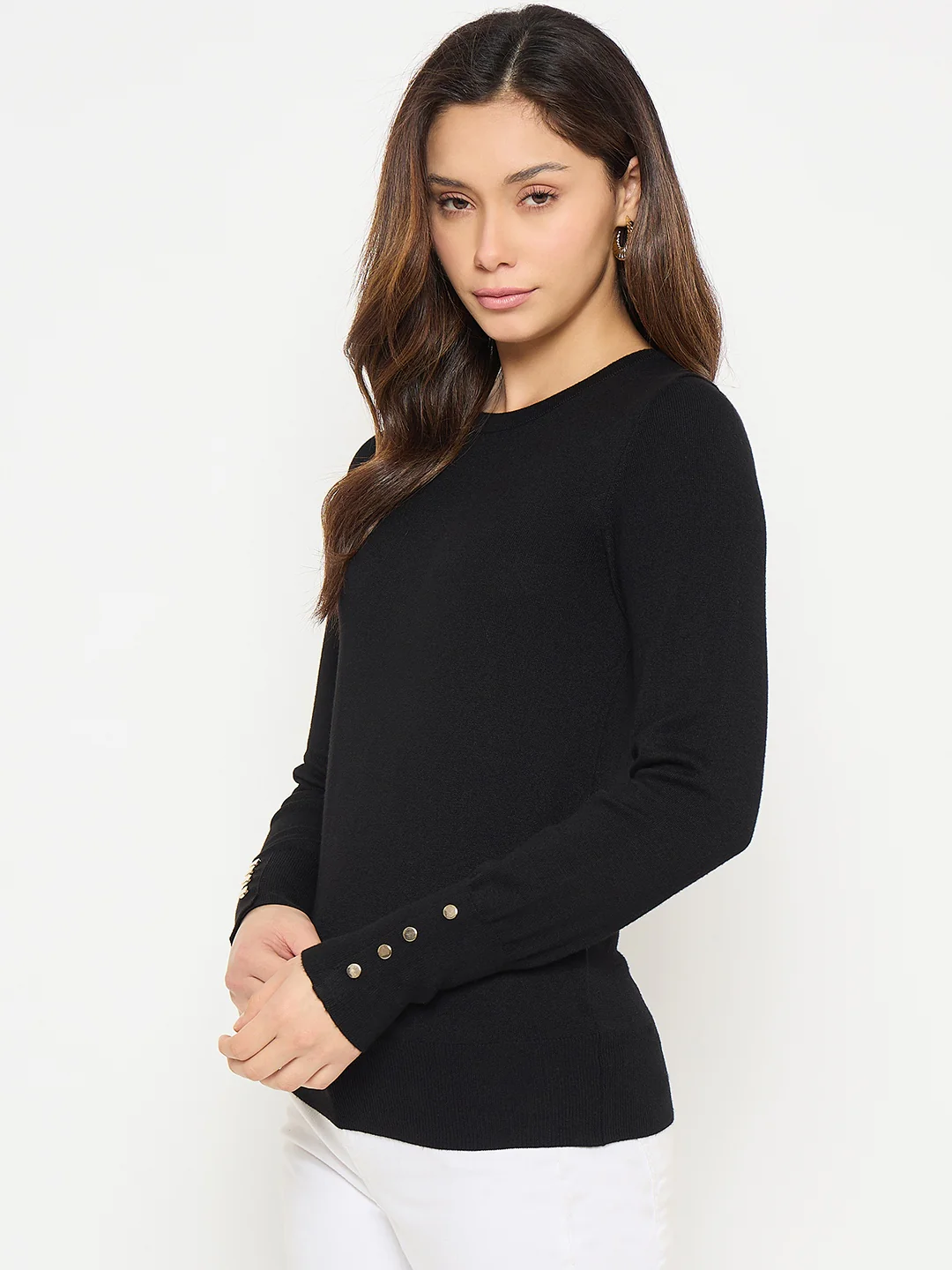 Madame Black Solid Sweater with Cuff Sleeves - Image 5