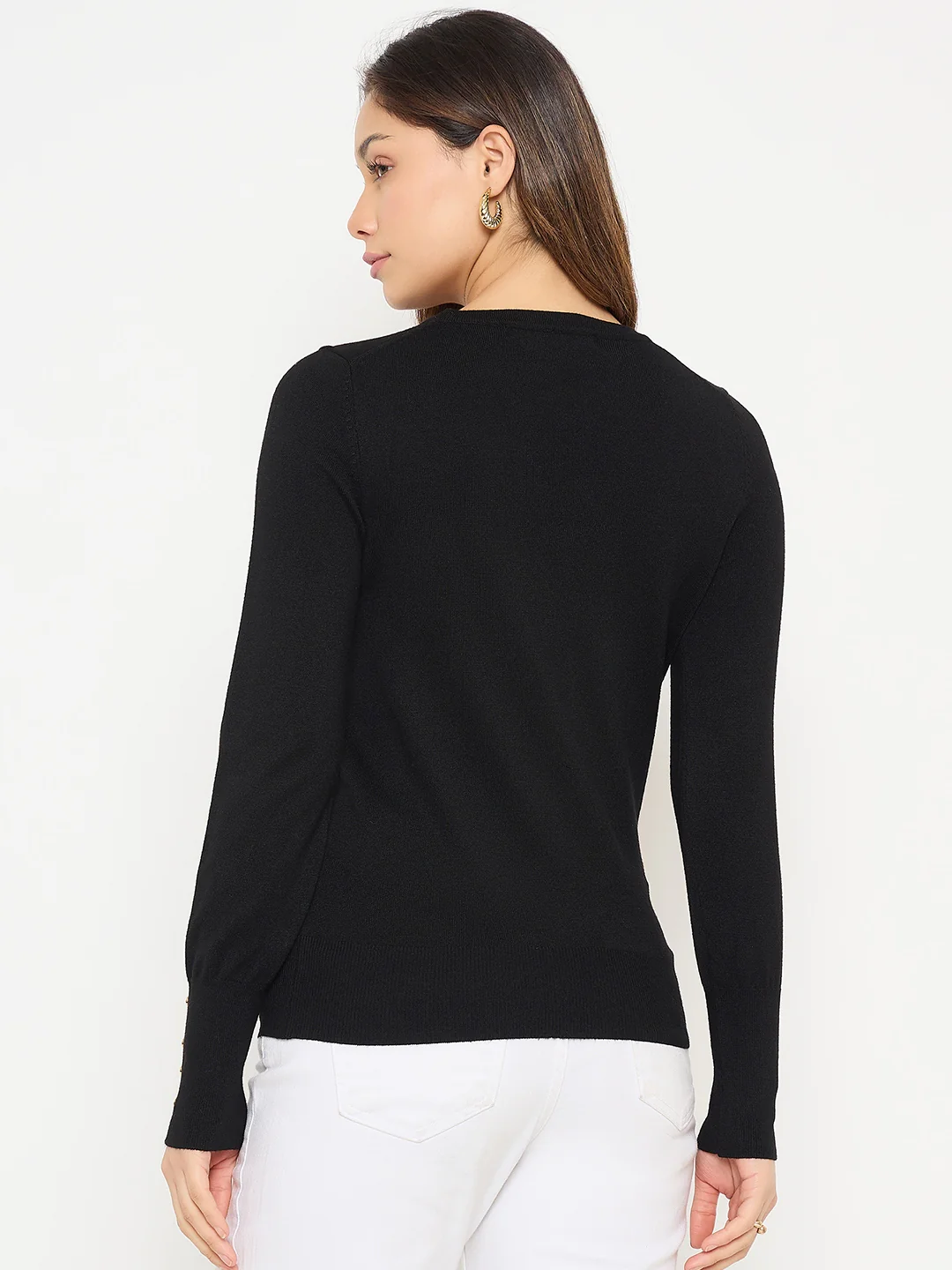 Madame Black Solid Sweater with Cuff Sleeves - Image 6