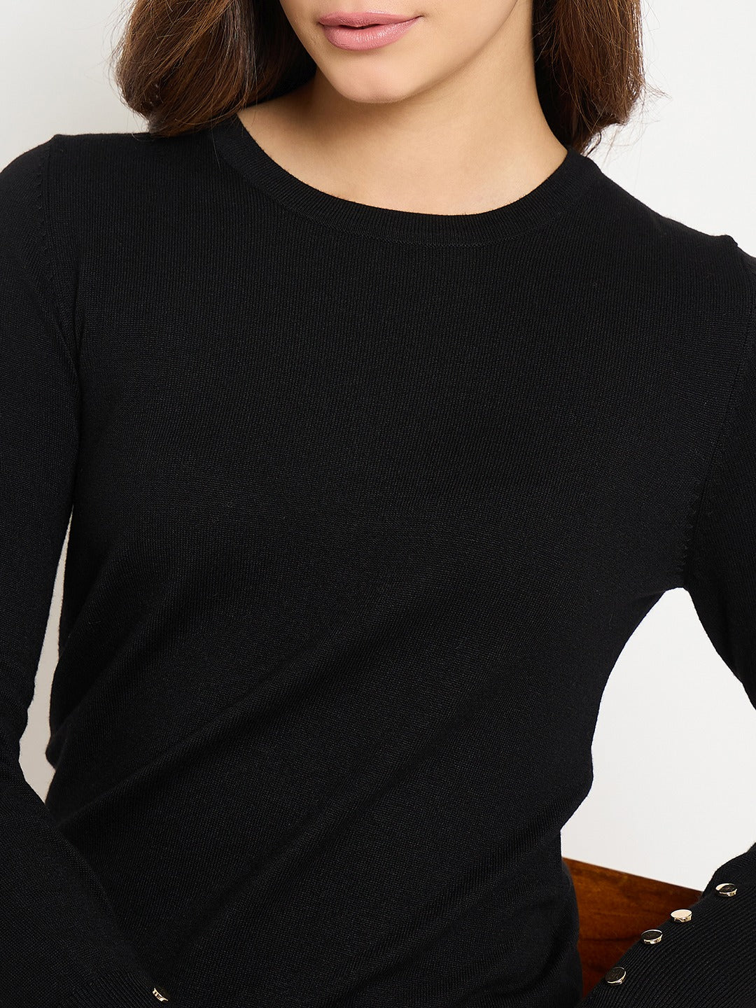 Madame Black Solid Sweater with Cuff Sleeves - Image 7