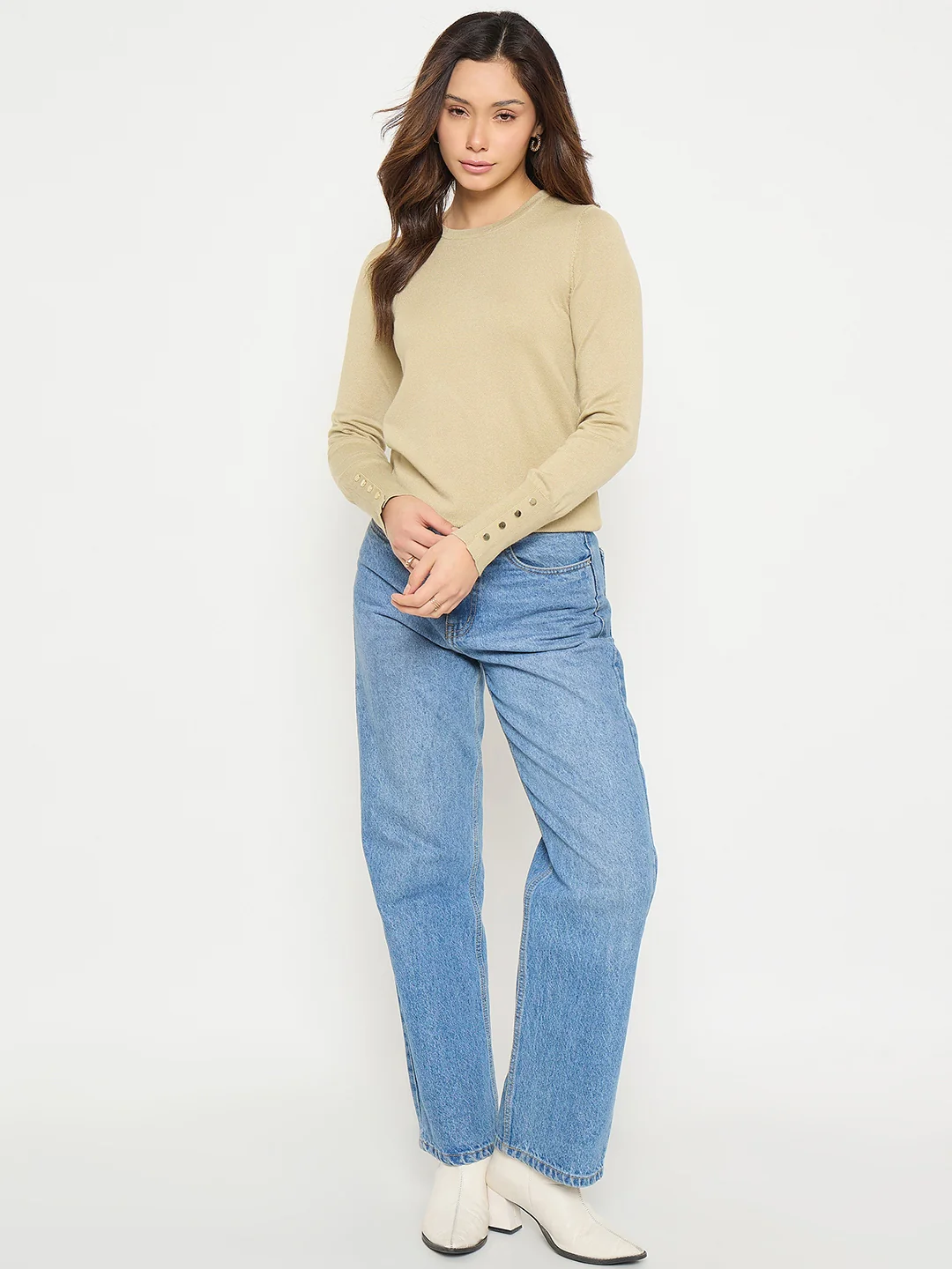 Madame Beige Solid Sweater with Cuff Sleeves - Image 3