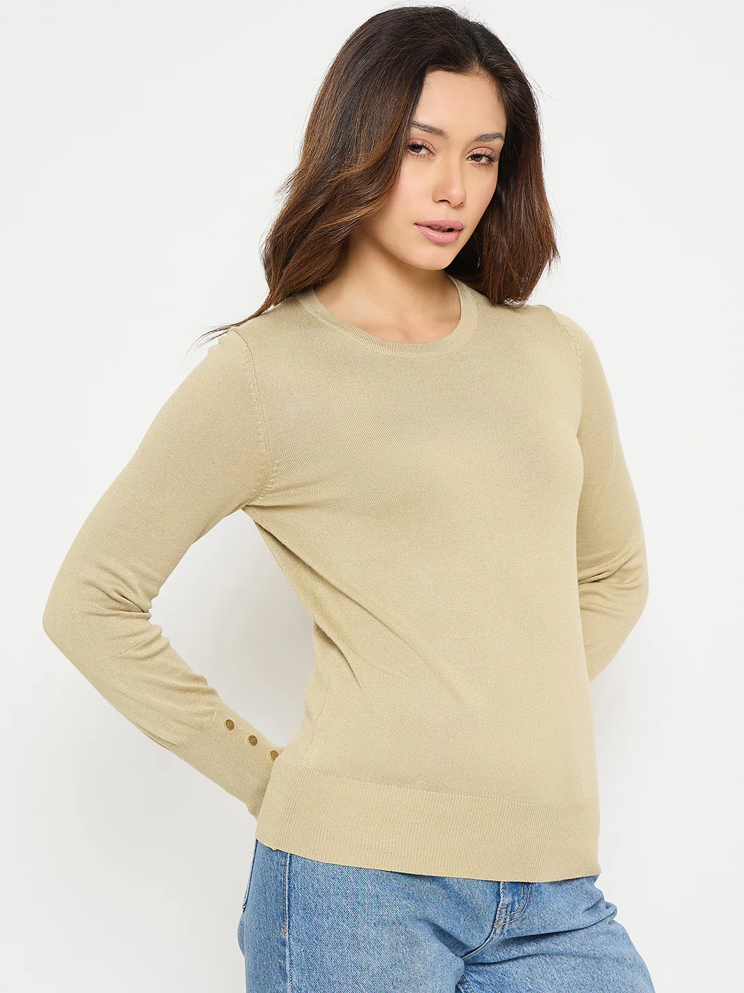 Madame Beige Solid Sweater with Cuff Sleeves - Image 4