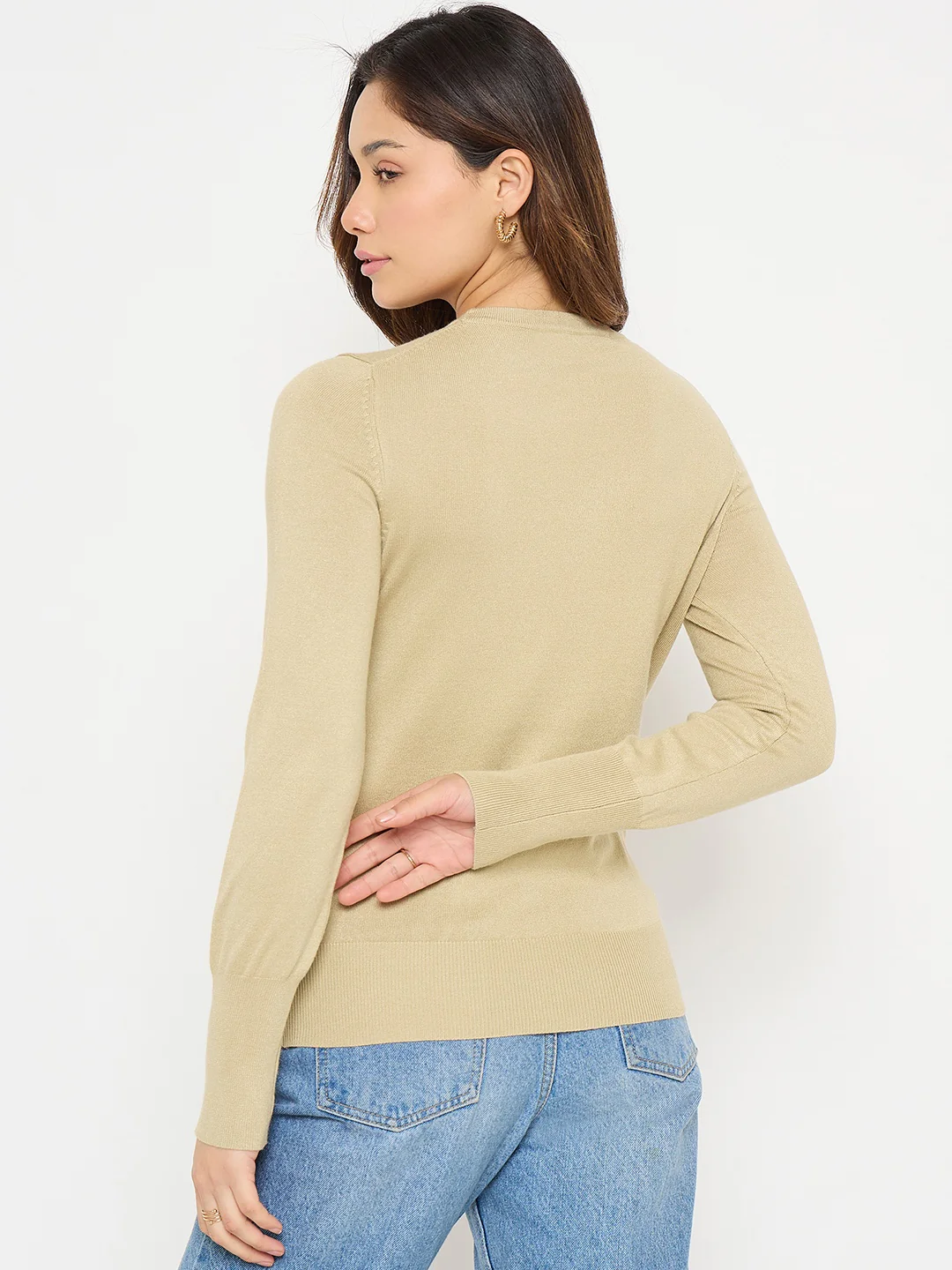 Madame Beige Solid Sweater with Cuff Sleeves - Image 6