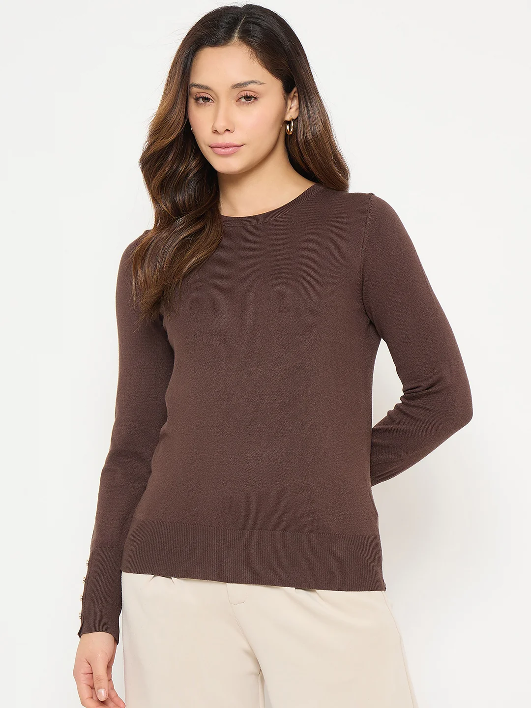 Madame Coffee Brown Round Neck Sweater with Cuff Sleeves