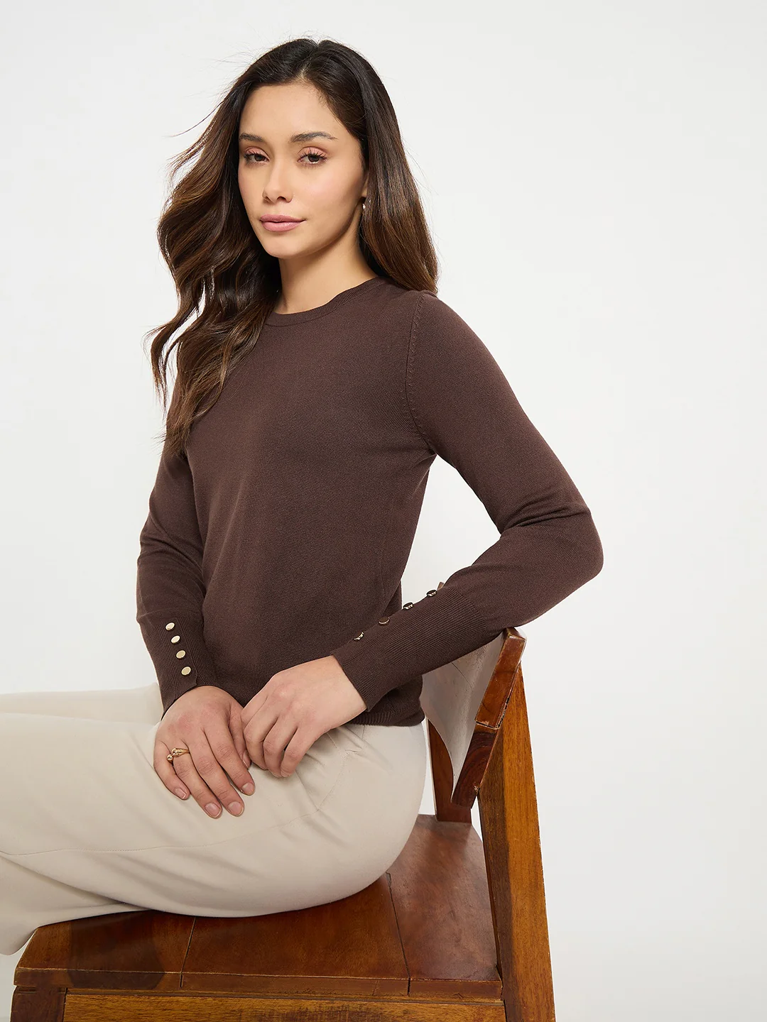 Madame Coffee Brown Round Neck Sweater with Cuff Sleeves - Image 2