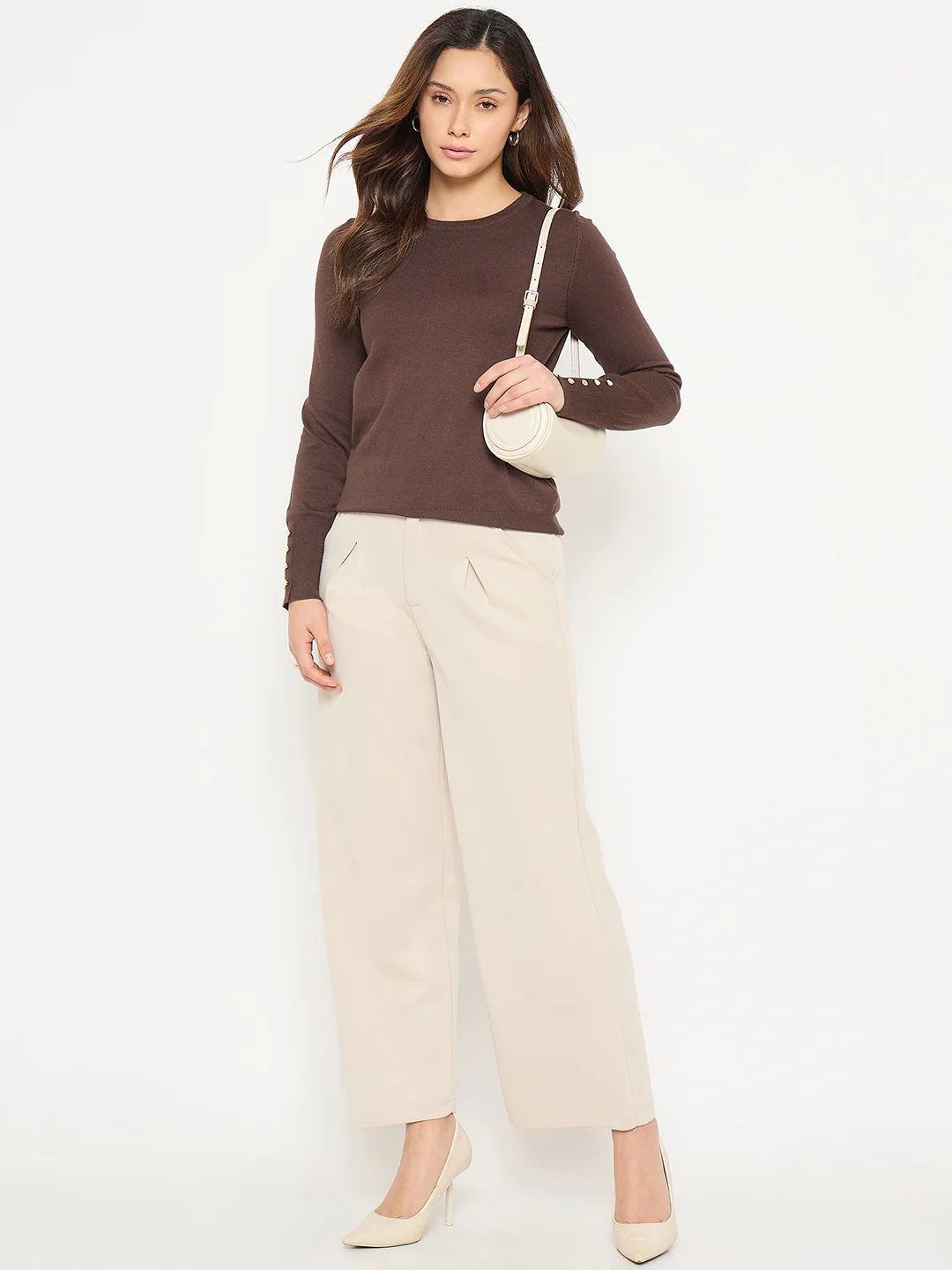 Madame Coffee Brown Round Neck Sweater with Cuff Sleeves - Image 3