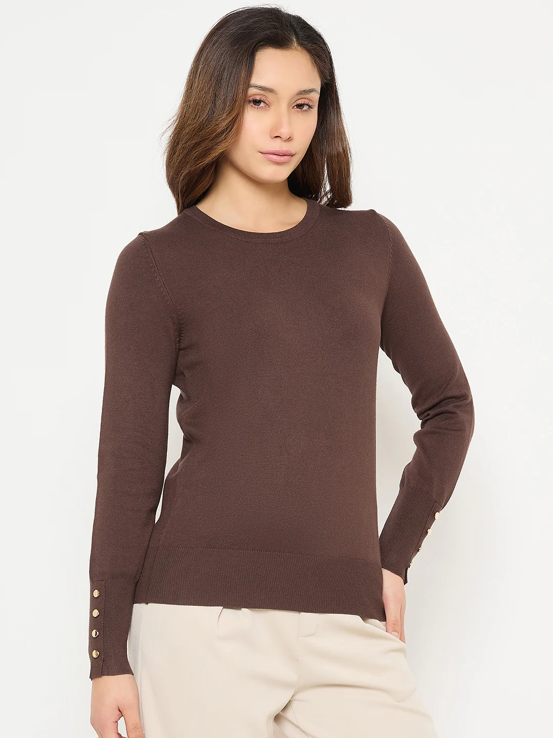 Madame Coffee Brown Round Neck Sweater with Cuff Sleeves - Image 4