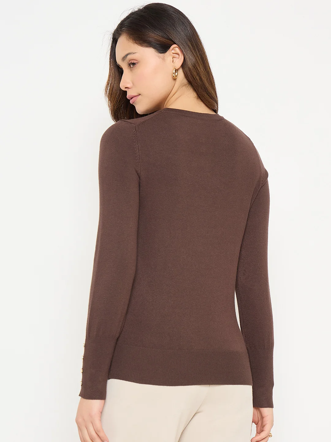Madame Coffee Brown Round Neck Sweater with Cuff Sleeves - Image 6