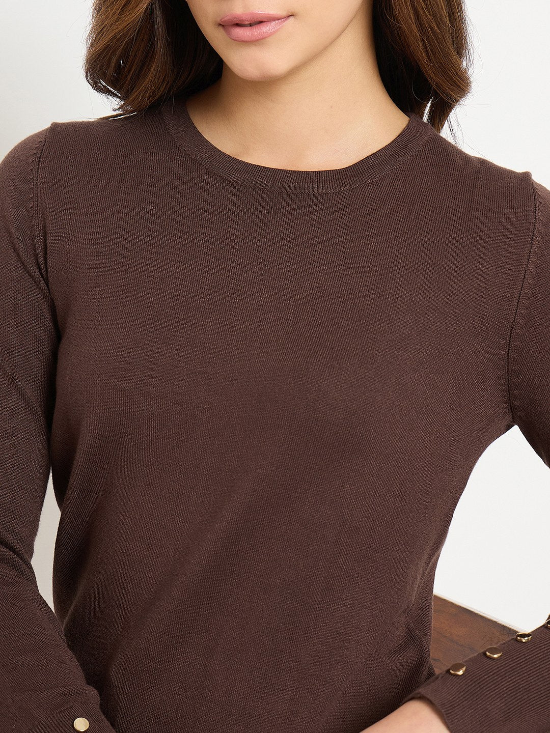Madame Coffee Brown Round Neck Sweater with Cuff Sleeves - Image 7