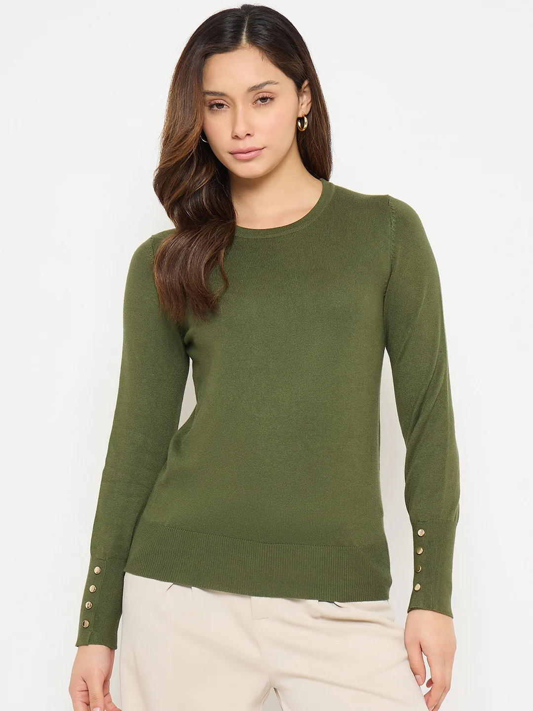 Madame Olive Green Round Neck Sweater with Cuff Sleeves