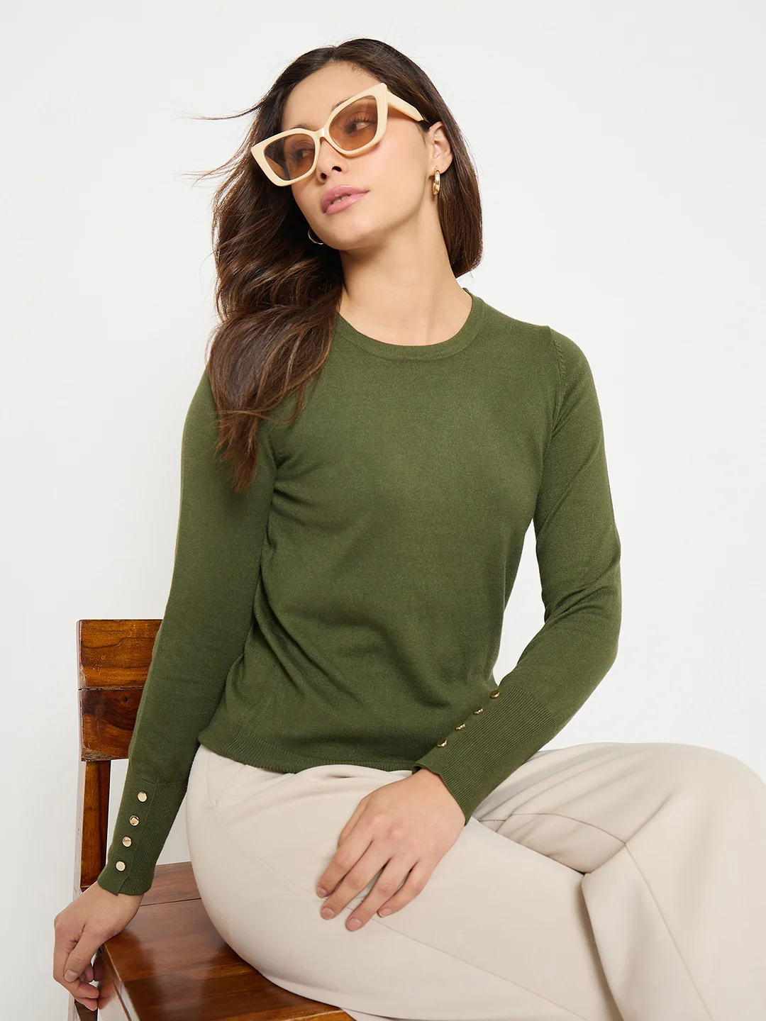 Madame Olive Green Round Neck Sweater with Cuff Sleeves - Image 2