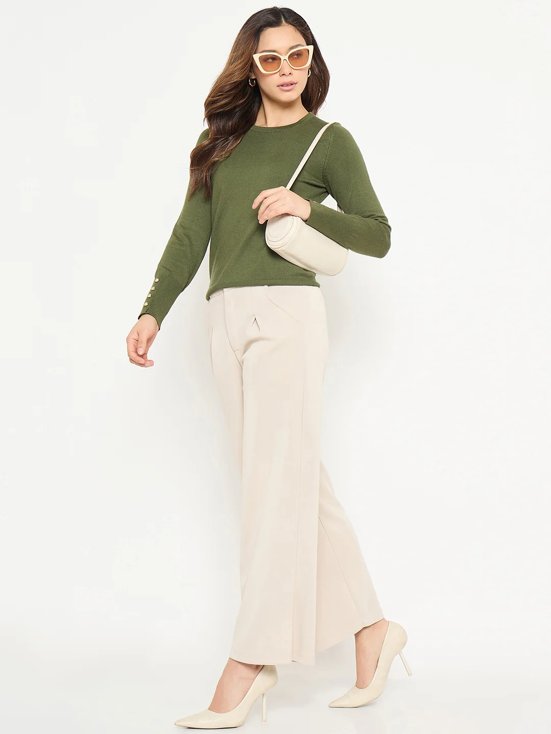 Madame Olive Green Round Neck Sweater with Cuff Sleeves - Image 3