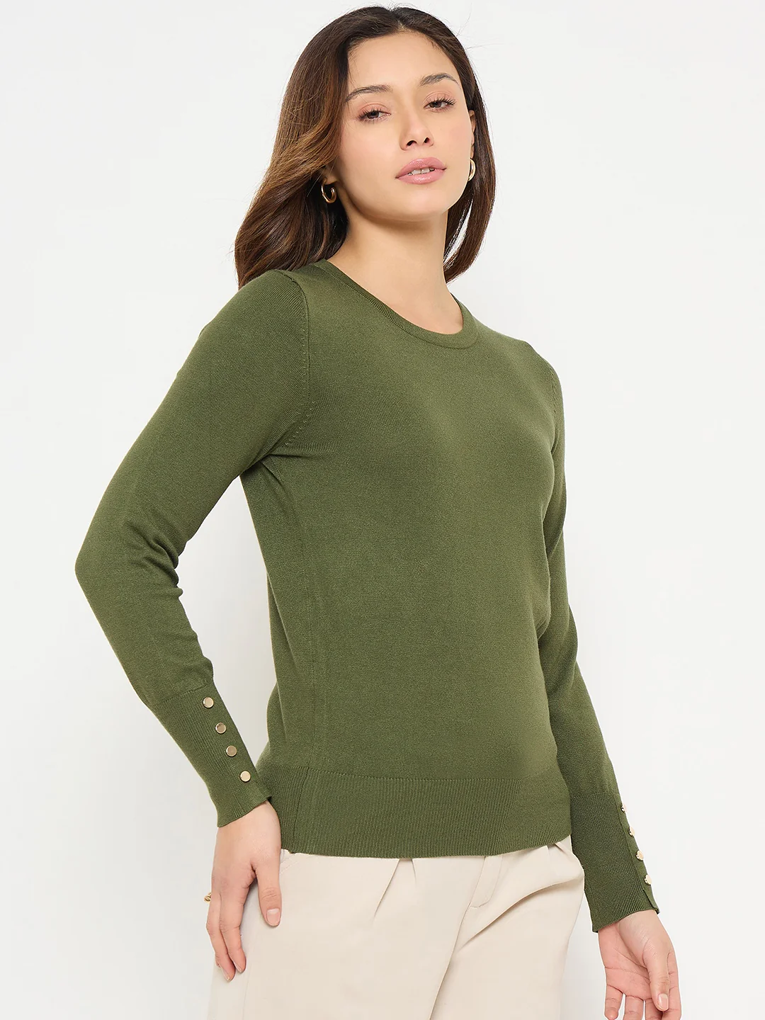 Madame Olive Green Round Neck Sweater with Cuff Sleeves - Image 4