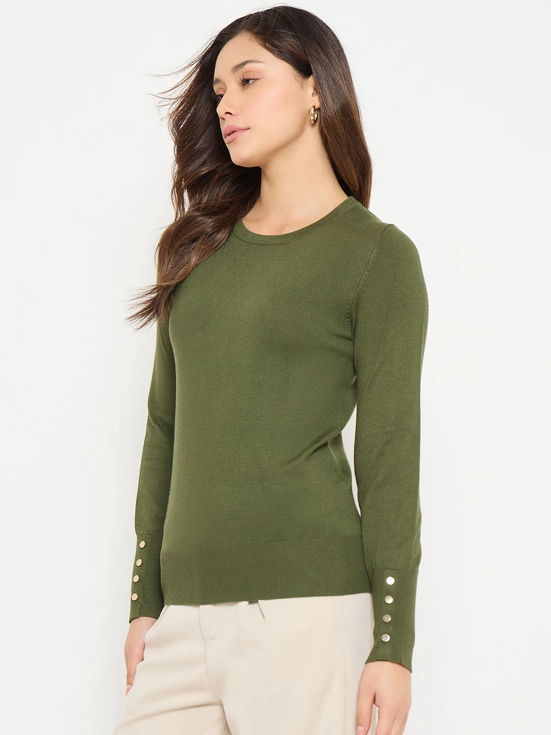 Madame Olive Green Round Neck Sweater with Cuff Sleeves - Image 5