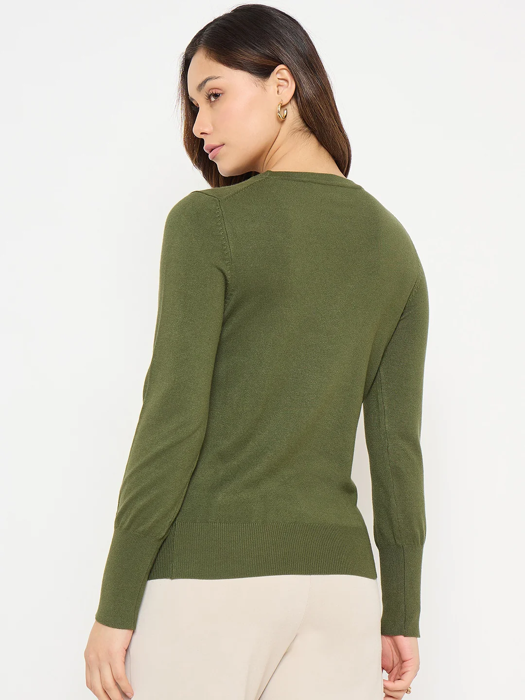 Madame Olive Green Round Neck Sweater with Cuff Sleeves - Image 6