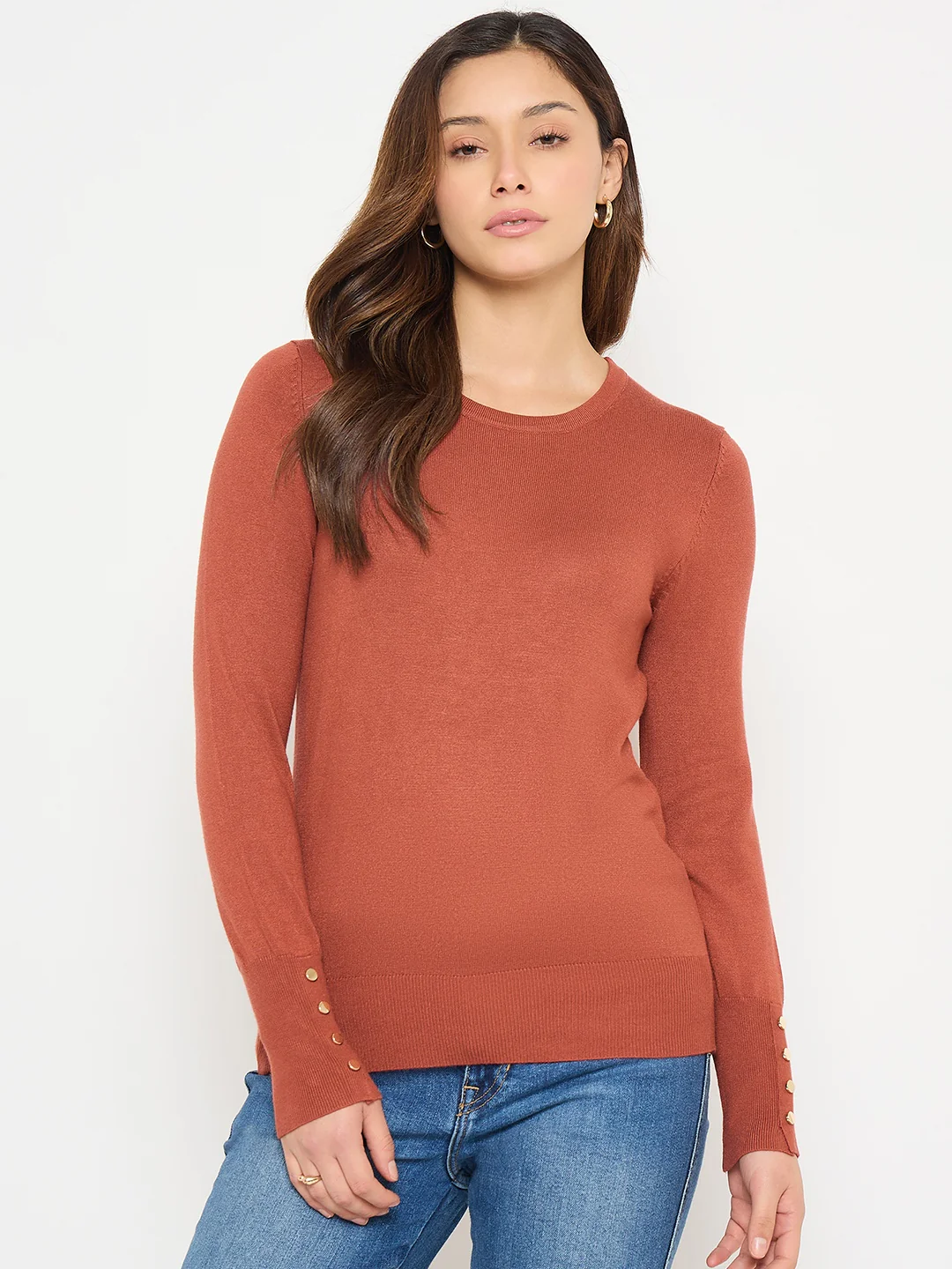 Madame Solid Rust Round Neck Sweater with Cuff Sleeves