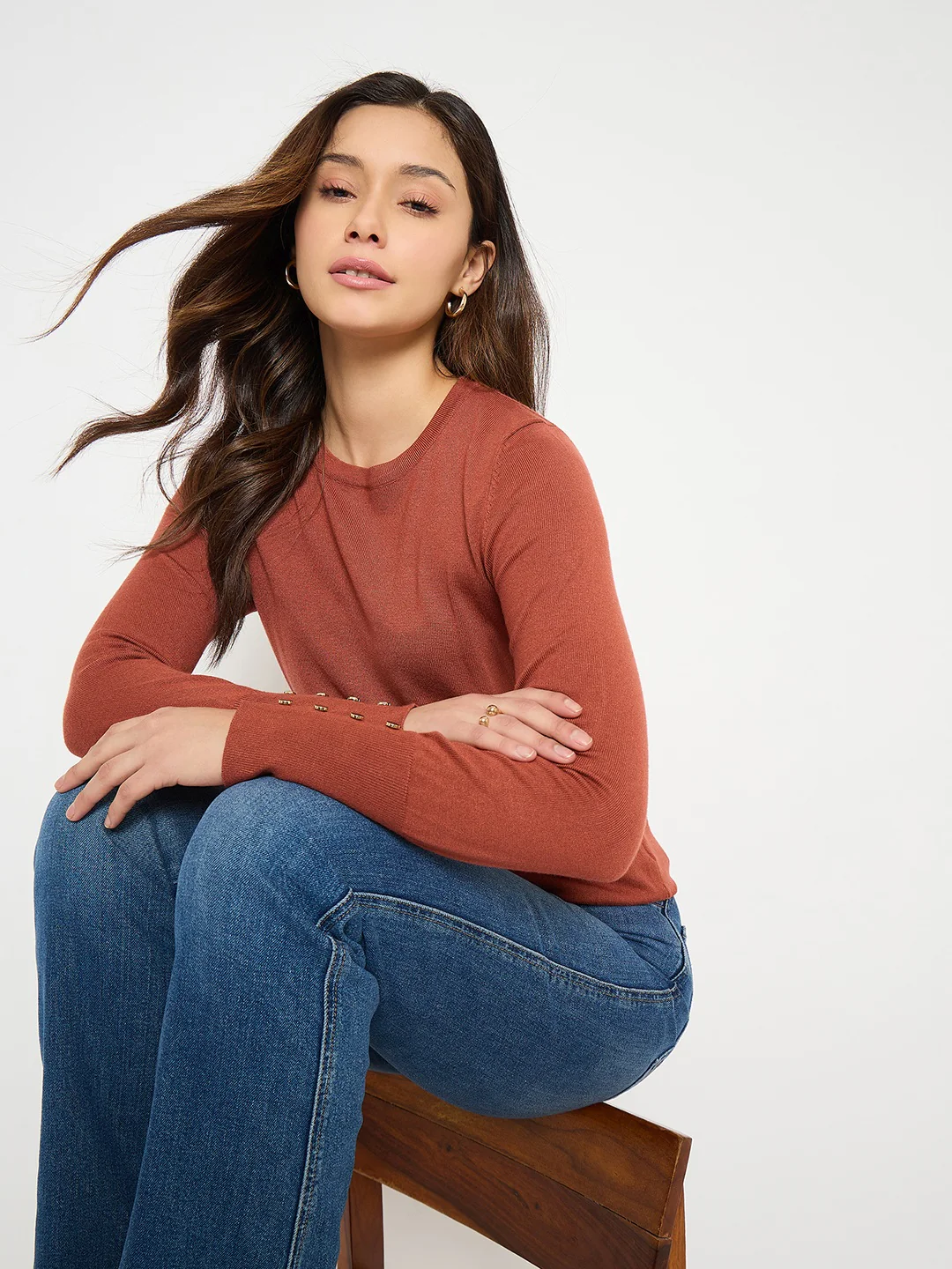 Madame Solid Rust Round Neck Sweater with Cuff Sleeves - Image 2