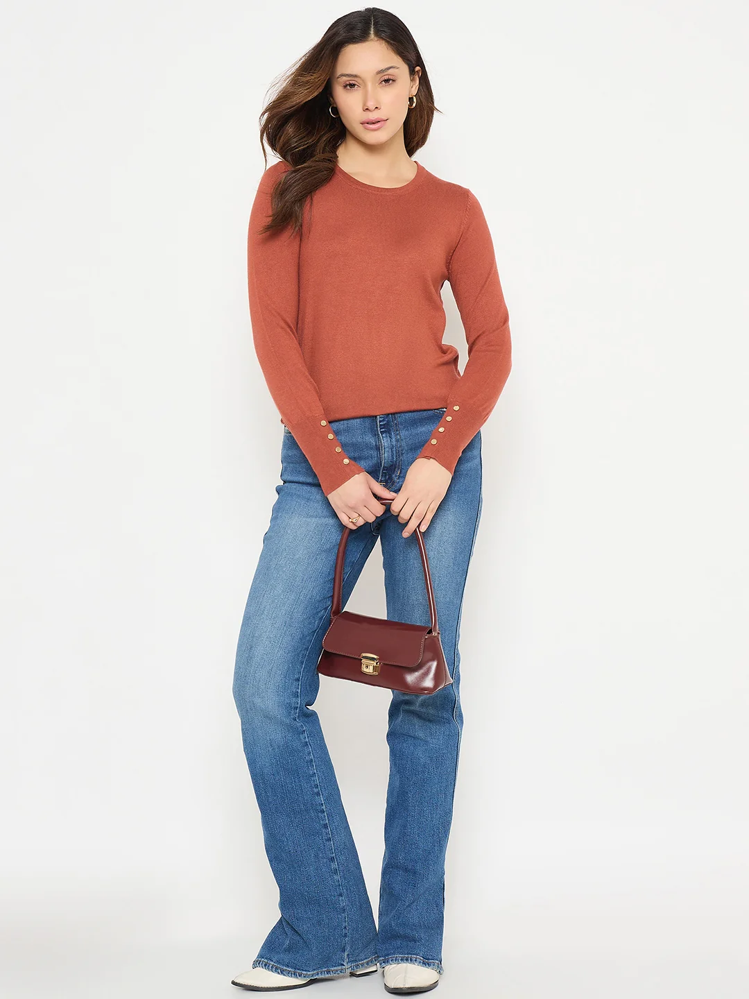 Madame Solid Rust Round Neck Sweater with Cuff Sleeves - Image 3