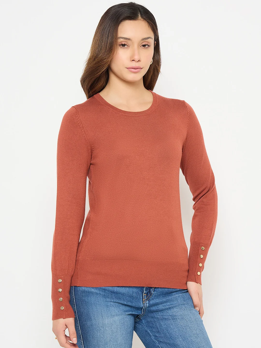 Madame Solid Rust Round Neck Sweater with Cuff Sleeves - Image 4