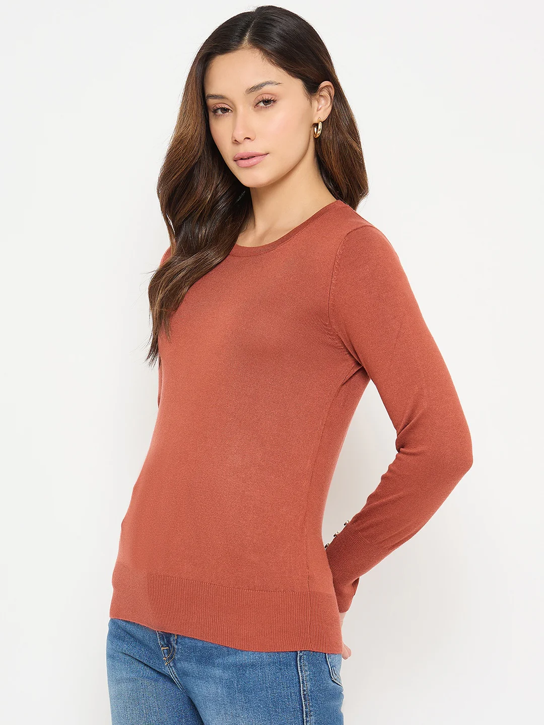 Madame Solid Rust Round Neck Sweater with Cuff Sleeves - Image 5