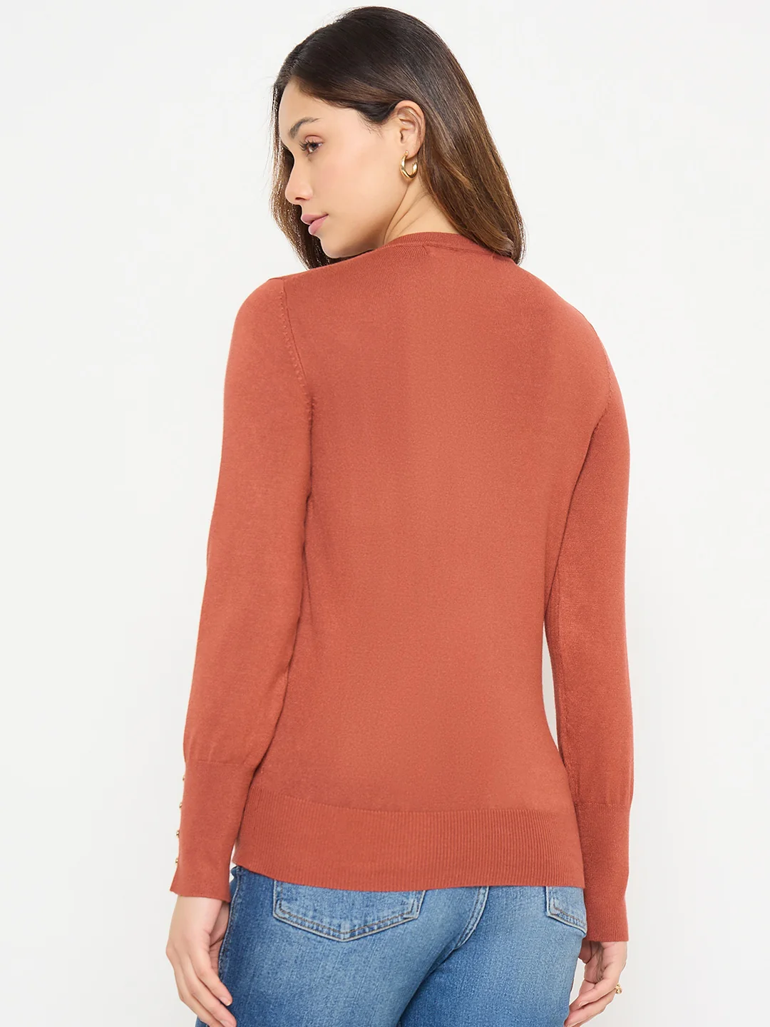 Madame Solid Rust Round Neck Sweater with Cuff Sleeves - Image 6
