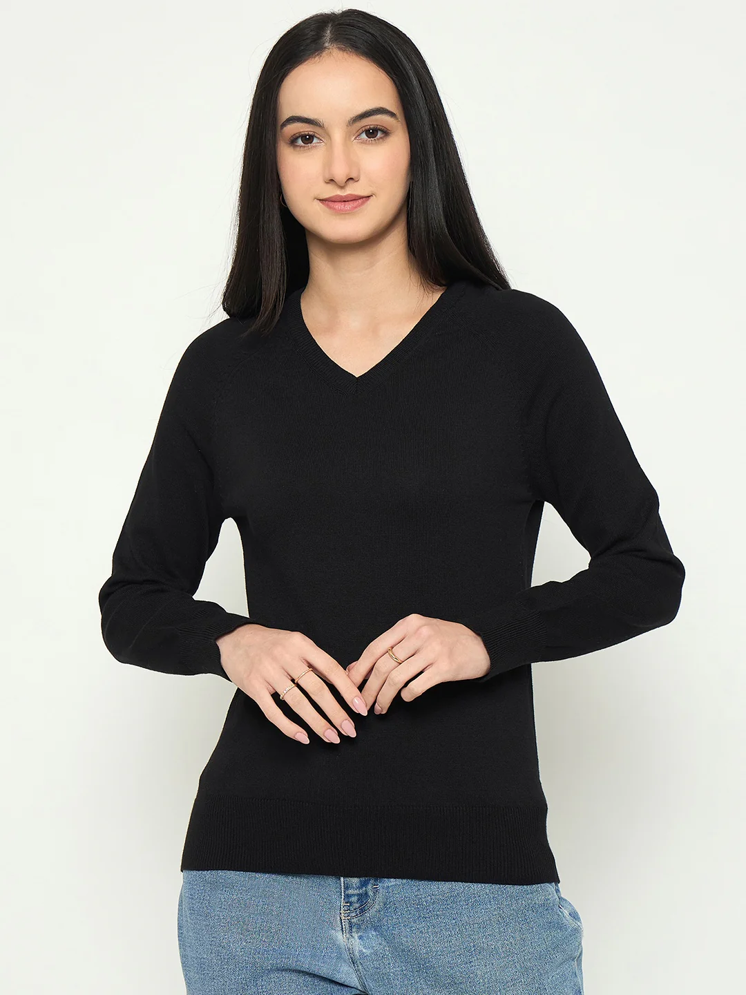Madame V Neck Solid Black Sweater