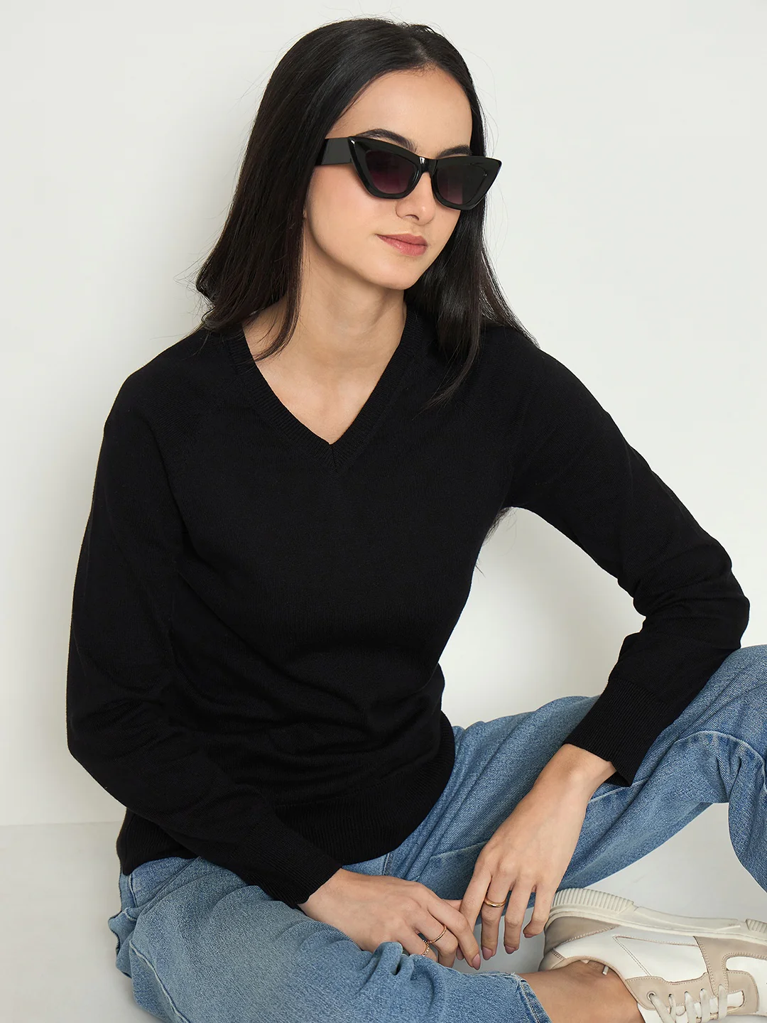 Madame V Neck Solid Black Sweater - Image 2