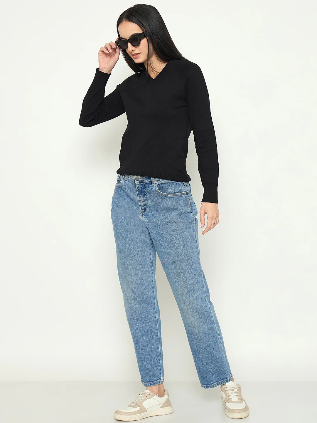 Madame V Neck Solid Black Sweater - Image 3