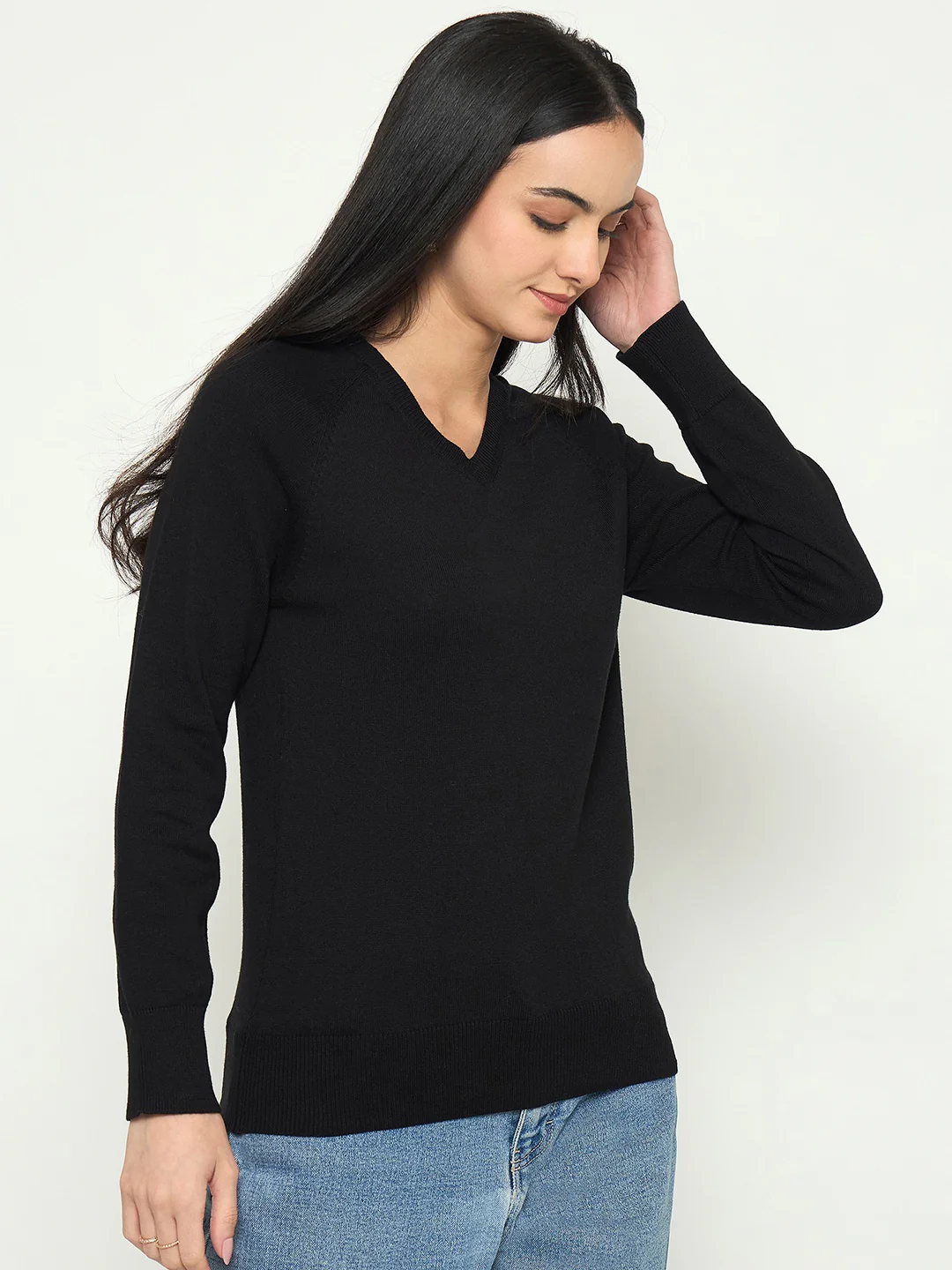 Madame V Neck Solid Black Sweater - Image 4