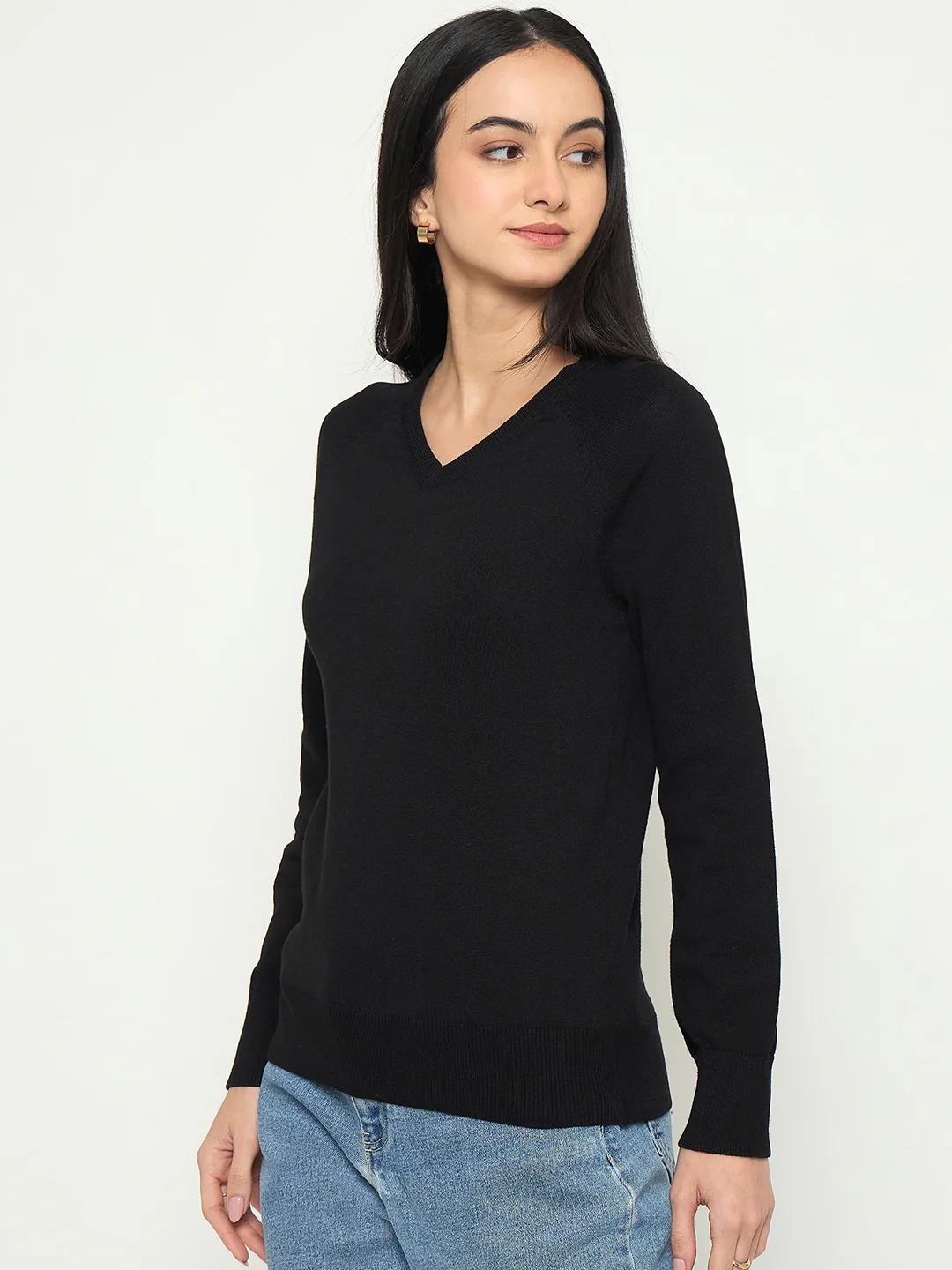 Madame V Neck Solid Black Sweater - Image 5