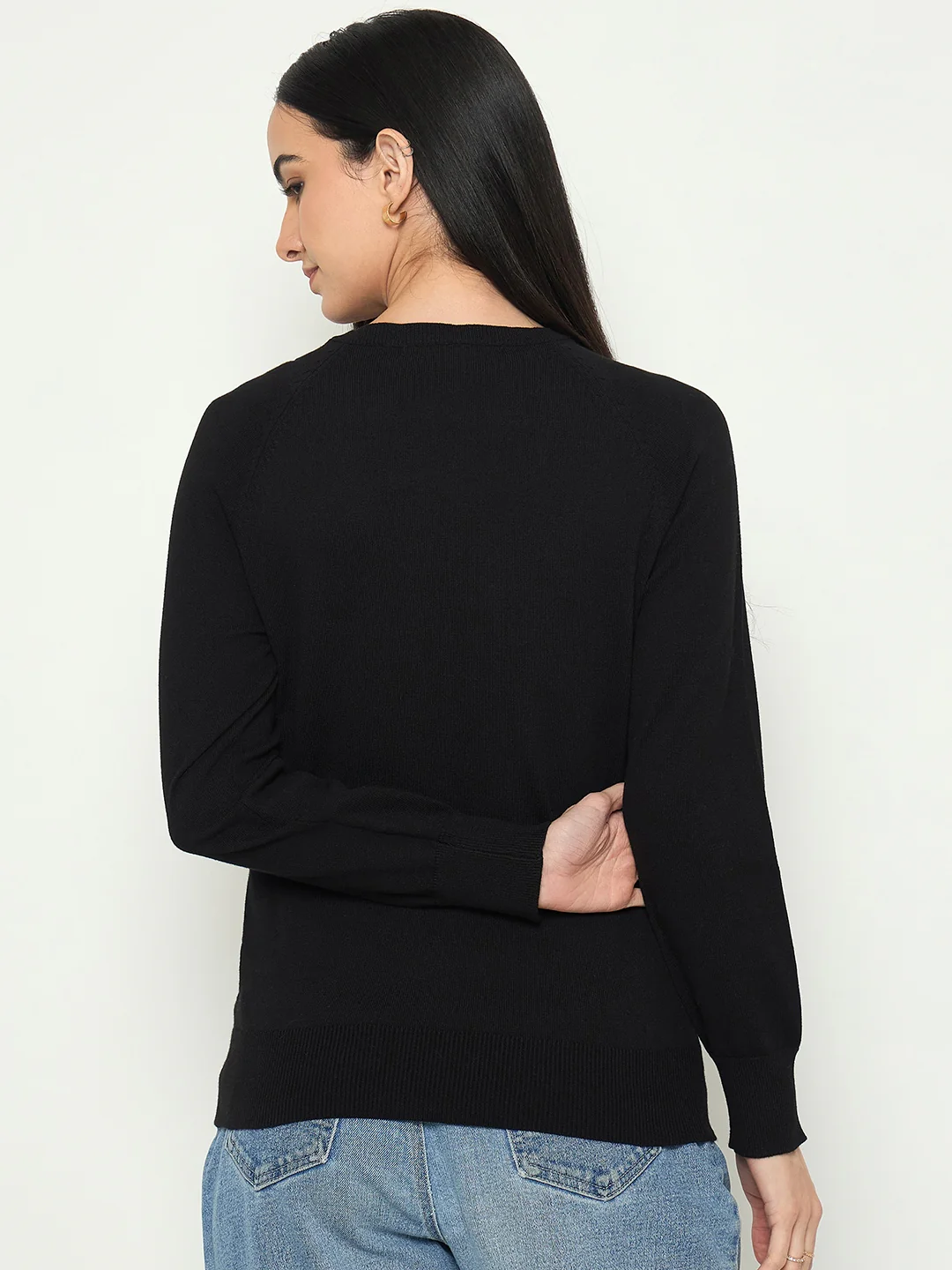 Madame V Neck Solid Black Sweater - Image 6
