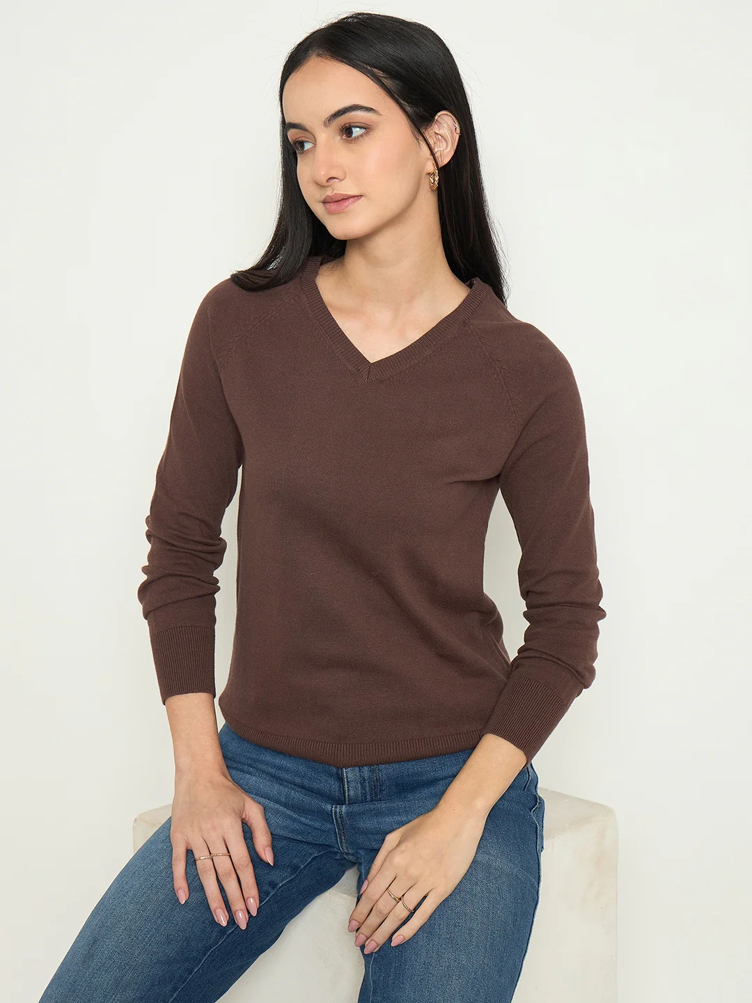 Madame V Neck Coffee Brown Solid Sweater - Image 2
