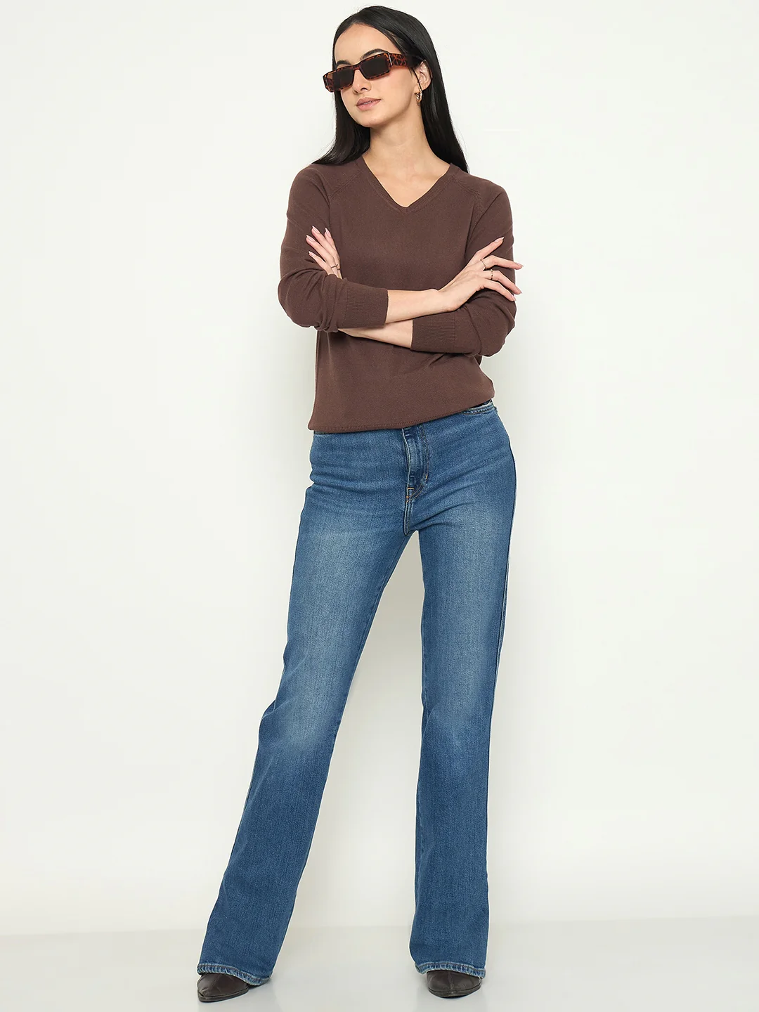 Madame V Neck Coffee Brown Solid Sweater - Image 3
