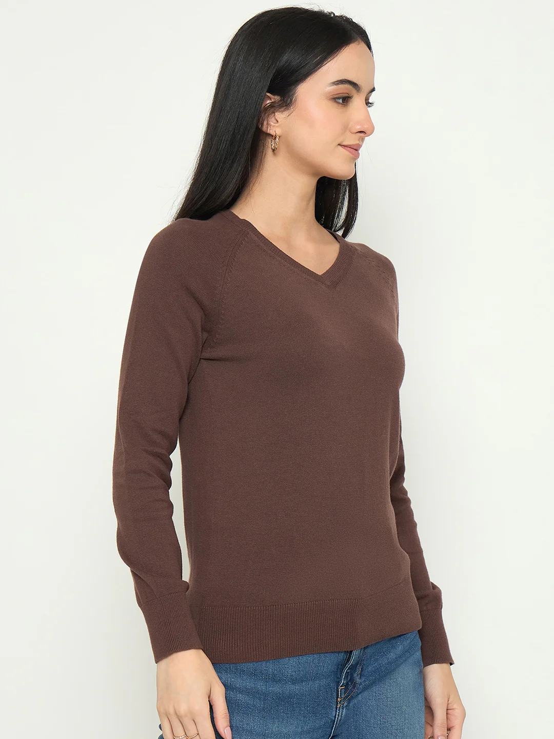 Madame V Neck Coffee Brown Solid Sweater - Image 4