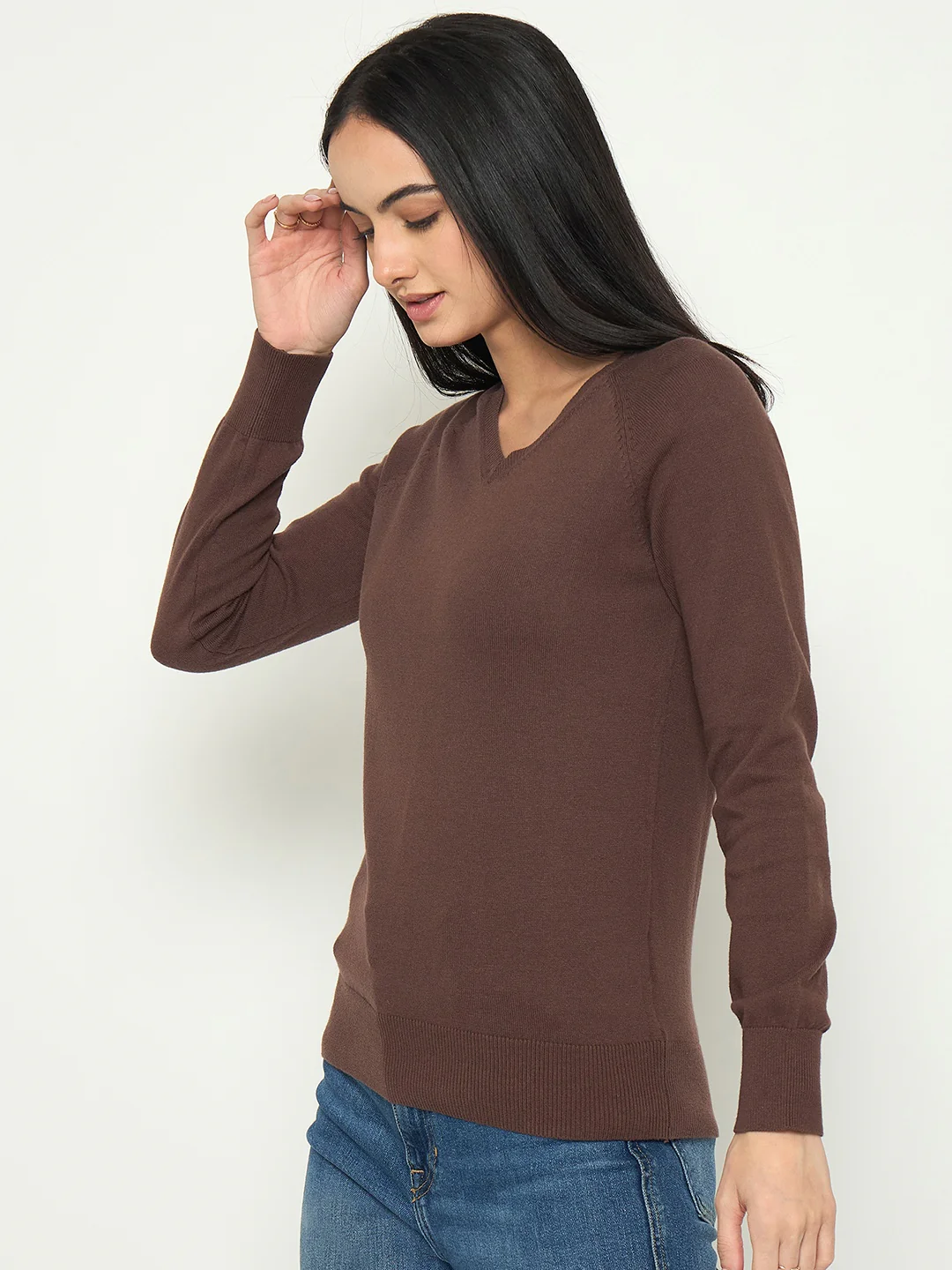 Madame V Neck Coffee Brown Solid Sweater - Image 5
