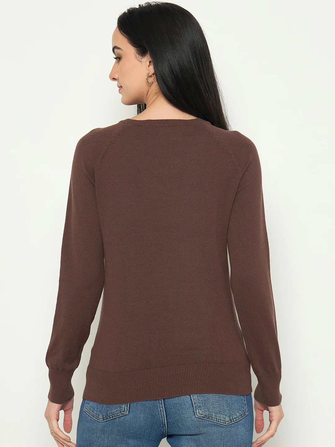 Madame V Neck Coffee Brown Solid Sweater - Image 6